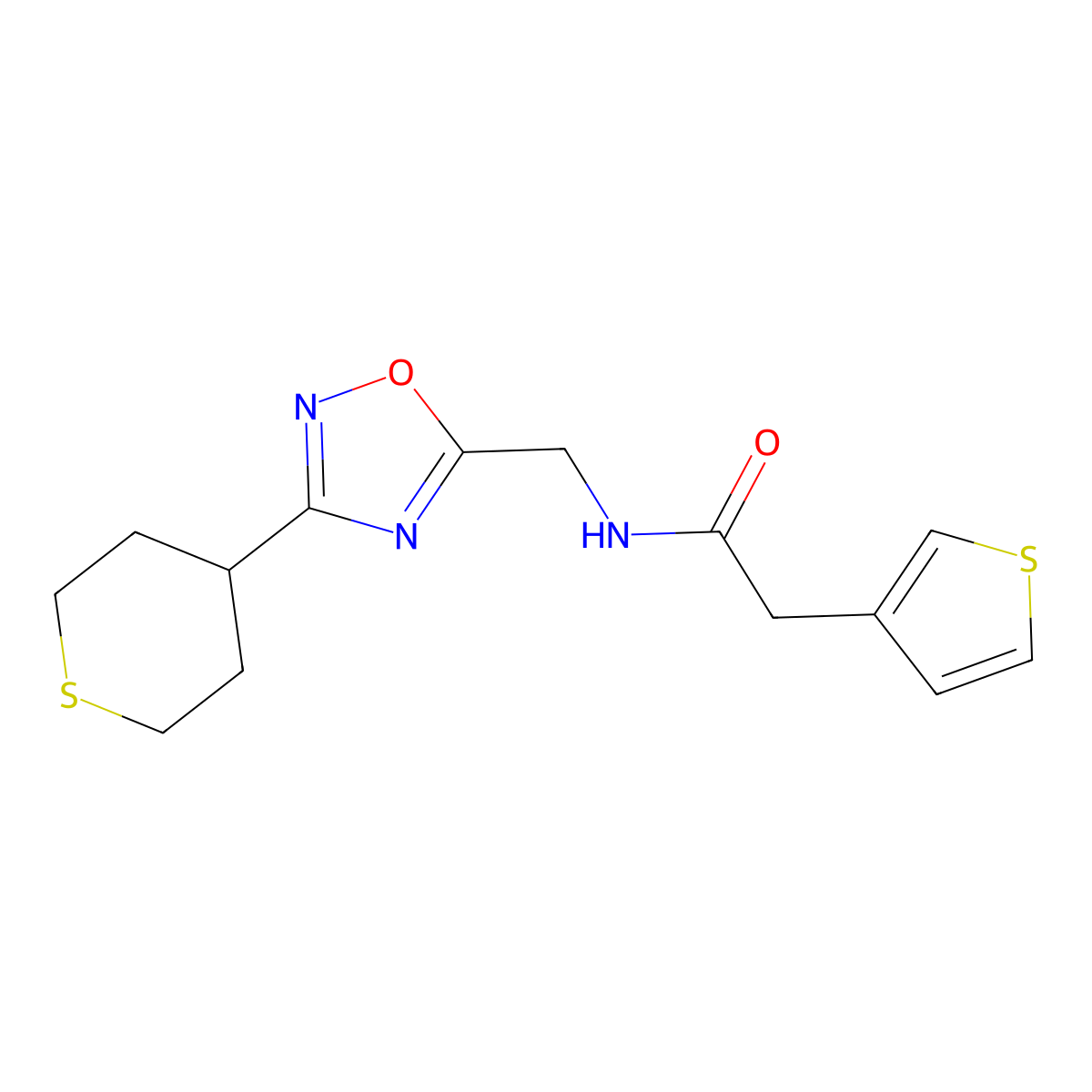 N-((3-(tetrahydro-2H-thiopyran-4-yl)-1,2,4-oxadiazol-5-yl)methyl)-2-(thiophen-3-yl)acetamide molecular structure, CAS 2034537-49-8