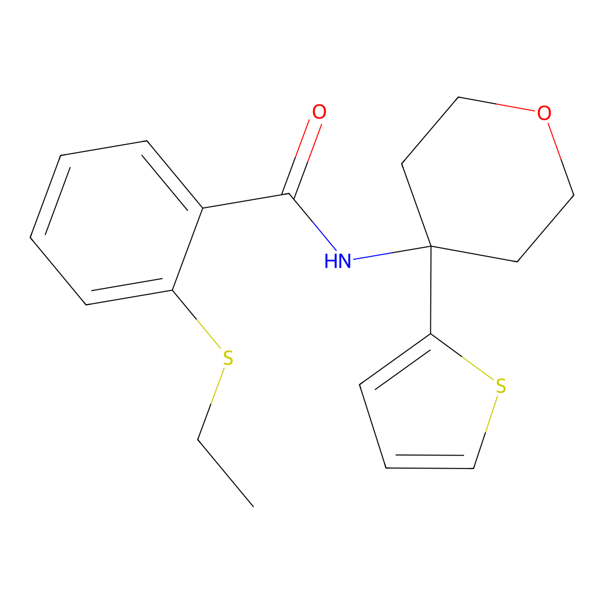2-(ethylthio)-N-(4-(thiophen-2-yl)tetrahydro-2H-pyran-4-yl)benzamide molecular structure, CAS 2034537-51-2