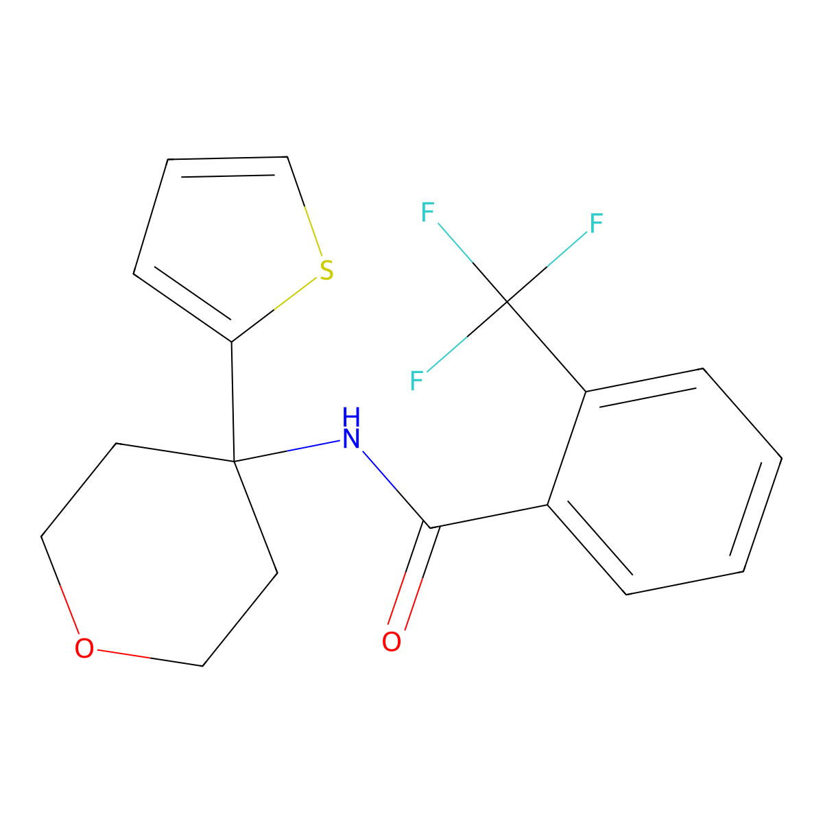 N-(4-(thiophen-2-yl)tetrahydro-2H-pyran-4-yl)-2-(trifluoromethyl)benzamide molecular structure, CAS 2034537-57-8