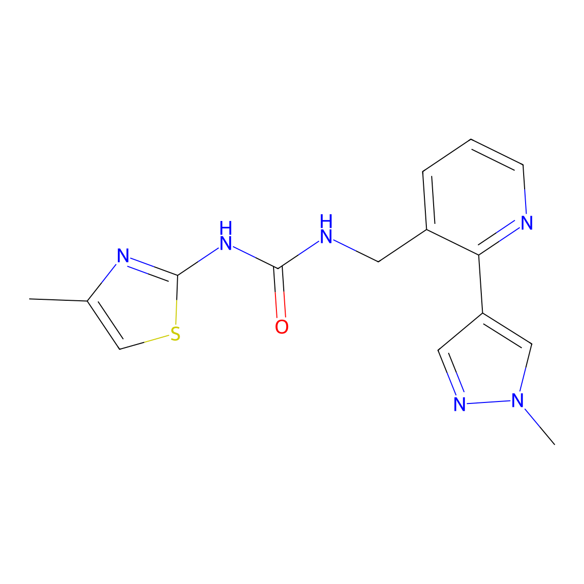 1-((2-(1-methyl-1H-pyrazol-4-yl)pyridin-3-yl)methyl)-3-(4-methylthiazol-2-yl)urea molecular structure, CAS 2034537-58-9