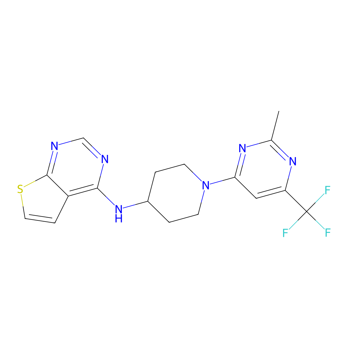 N-(1-(2-methyl-6-(trifluoromethyl)pyrimidin-4-yl)piperidin-4-yl)thieno[2,3-d]pyrimidin-4-amine molecular structure, CAS 2034537-60-3
