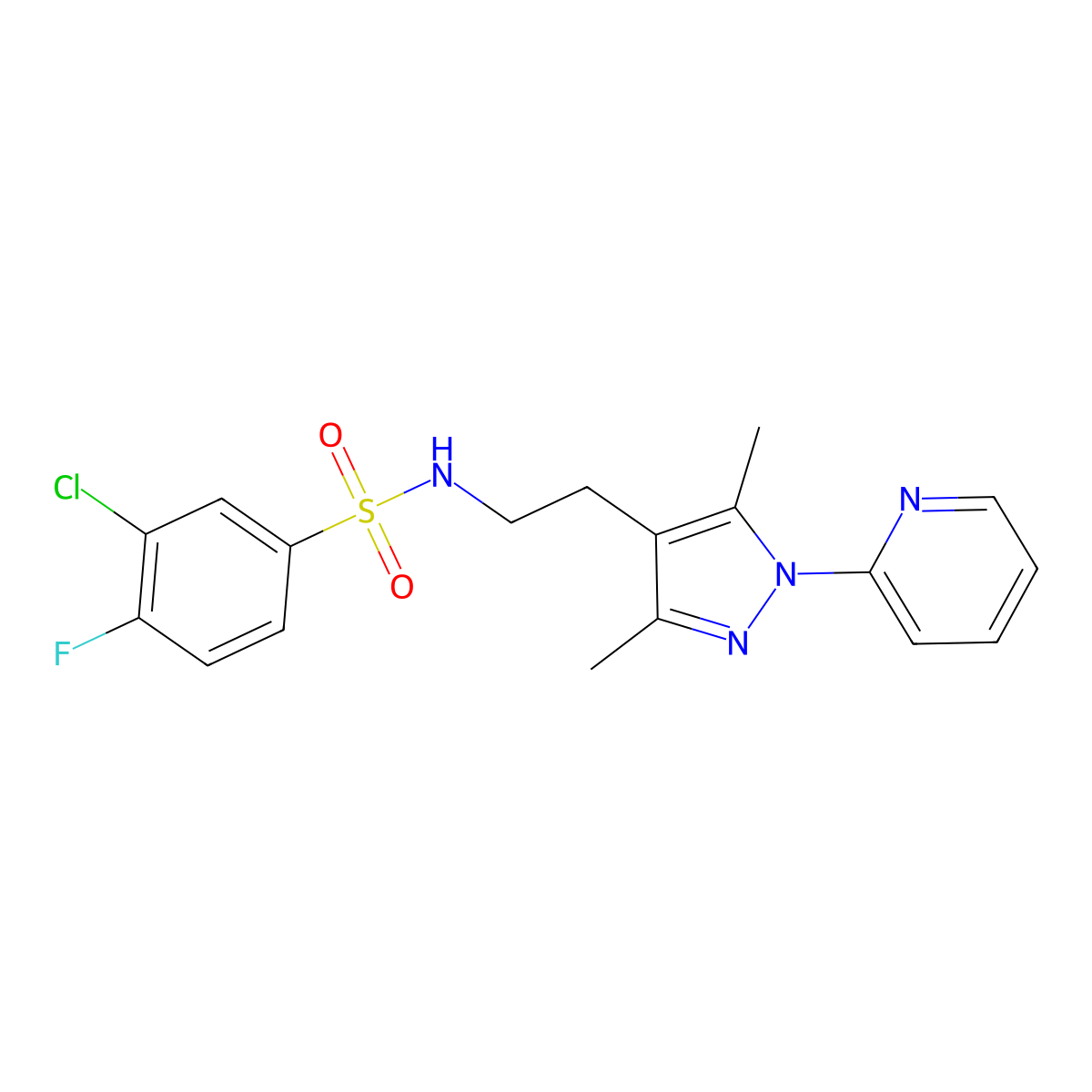 3-chloro-N-(2-(3,5-dimethyl-1-(pyridin-2-yl)-1H-pyrazol-4-yl)ethyl)-4-fluorobenzenesulfonamide molecular structure, CAS 2034537-62-5