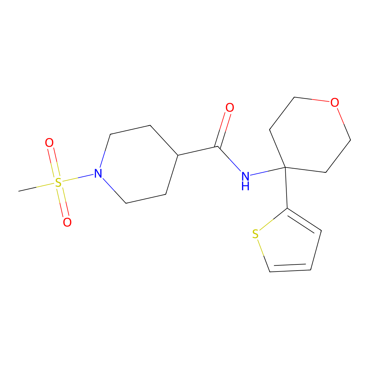 1-(methylsulfonyl)-N-(4-(thiophen-2-yl)tetrahydro-2H-pyran-4-yl)piperidine-4-carboxamide molecular structure, CAS 2034537-66-9