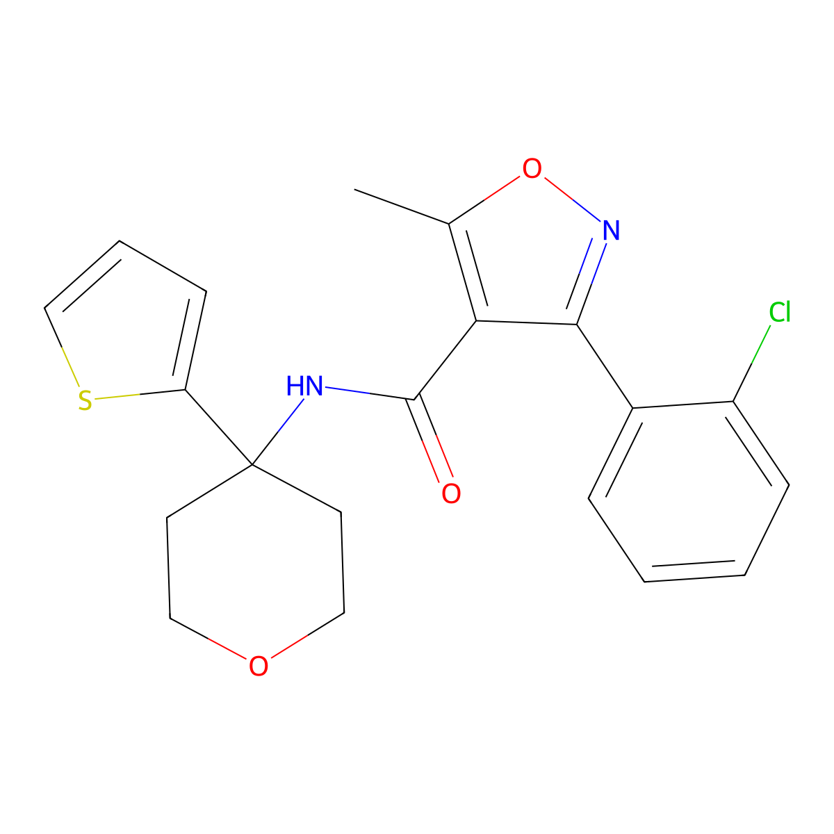 3-(2-chlorophenyl)-5-methyl-N-(4-(thiophen-2-yl)tetrahydro-2H-pyran-4-yl)isoxazole-4-carboxamide molecular structure, CAS 2034537-83-0