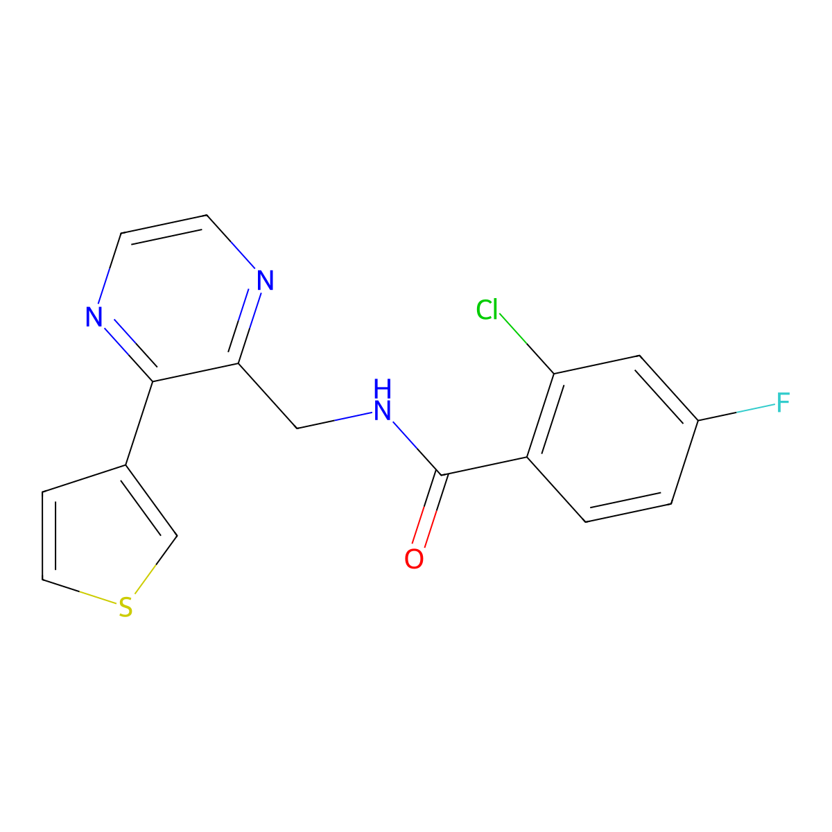 2-chloro-4-fluoro-N-((3-(thiophen-3-yl)pyrazin-2-yl)methyl)benzamide molecular structure, CAS 2034537-97-6
