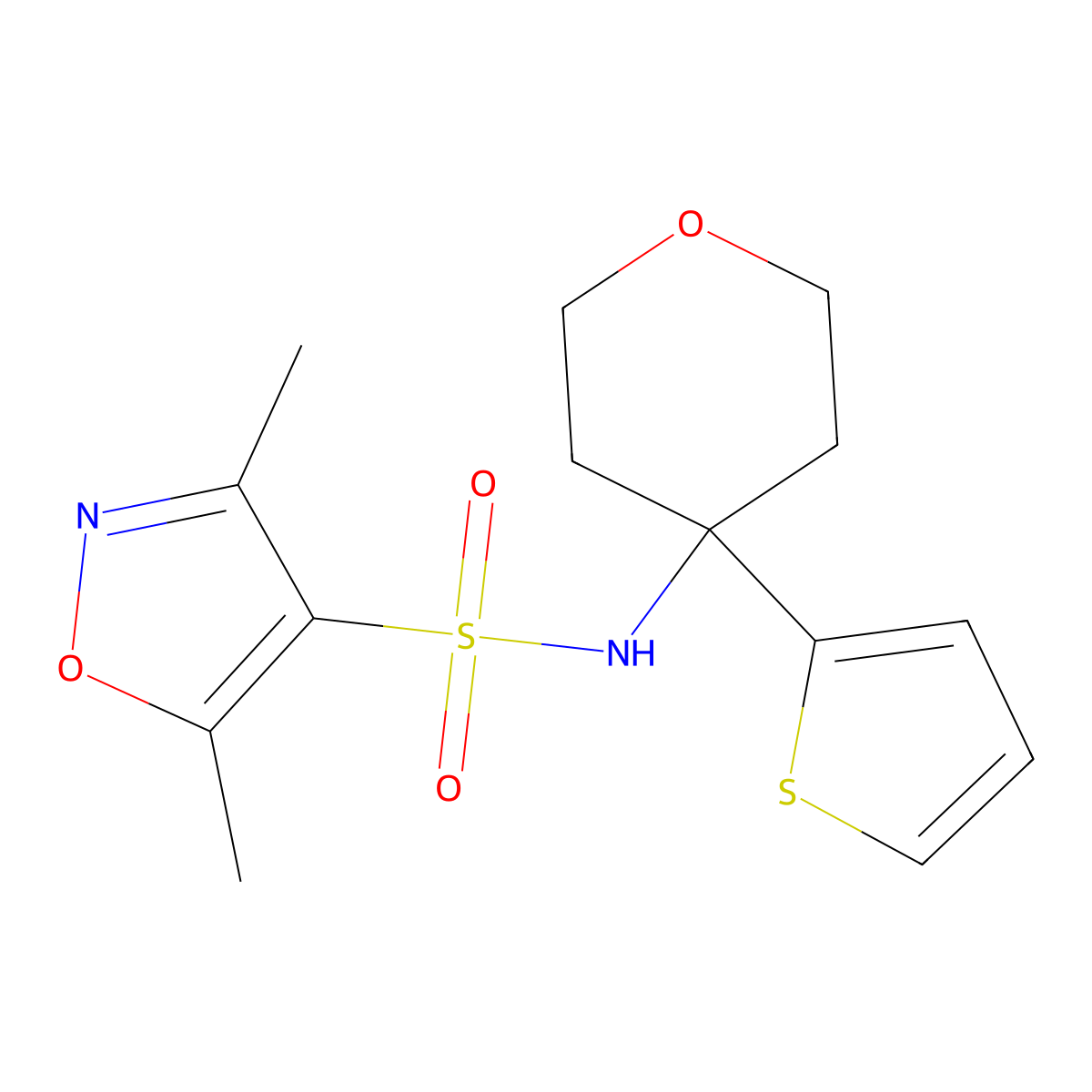 3,5-dimethyl-N-(4-(thiophen-2-yl)tetrahydro-2H-pyran-4-yl)isoxazole-4-sulfonamide molecular structure, CAS 2034538-04-8