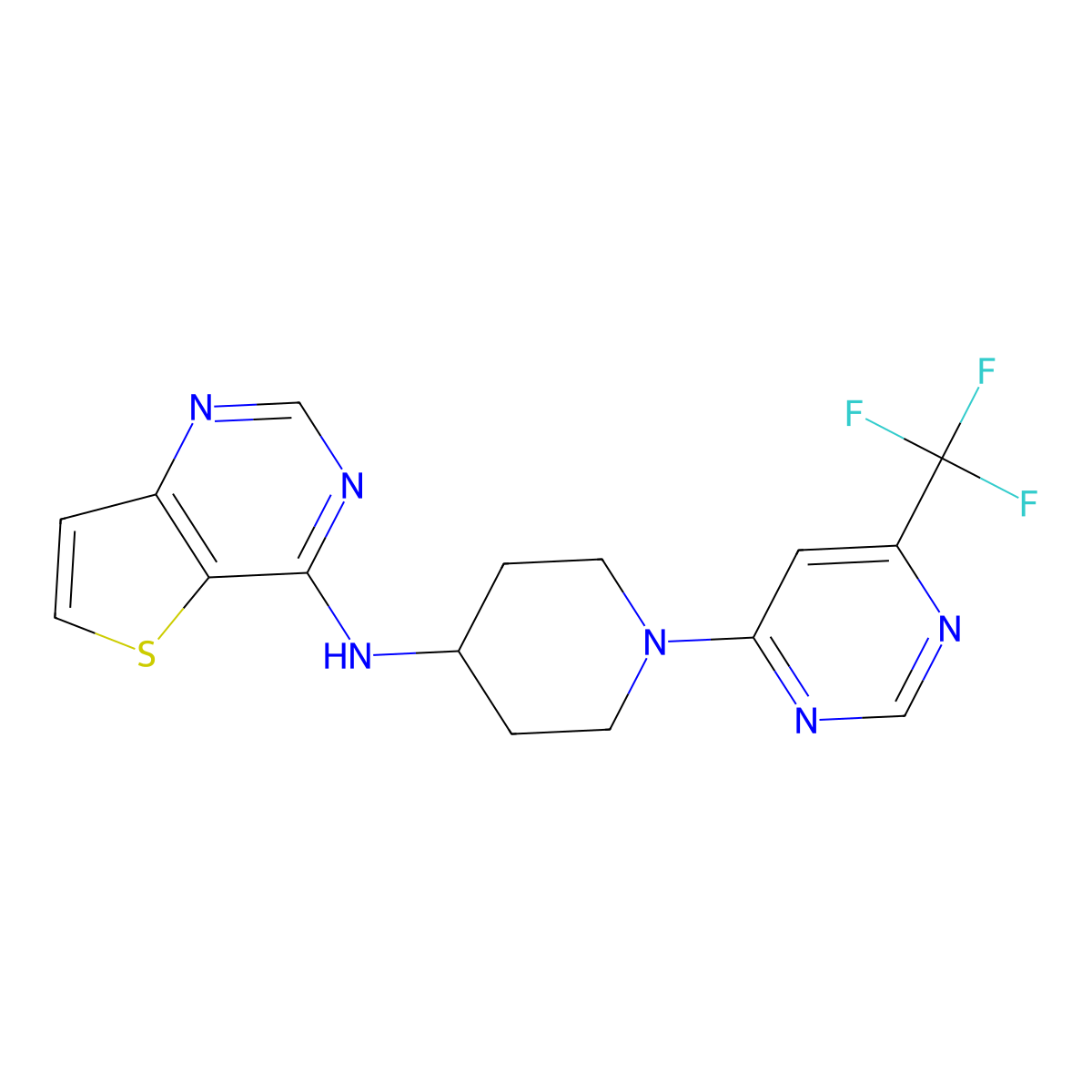 N-{thieno[3,2-d]pyrimidin-4-yl}-1-[6-(trifluoromethyl)pyrimidin-4-yl]piperidin-4-amine molecular structure, CAS 2034538-06-0