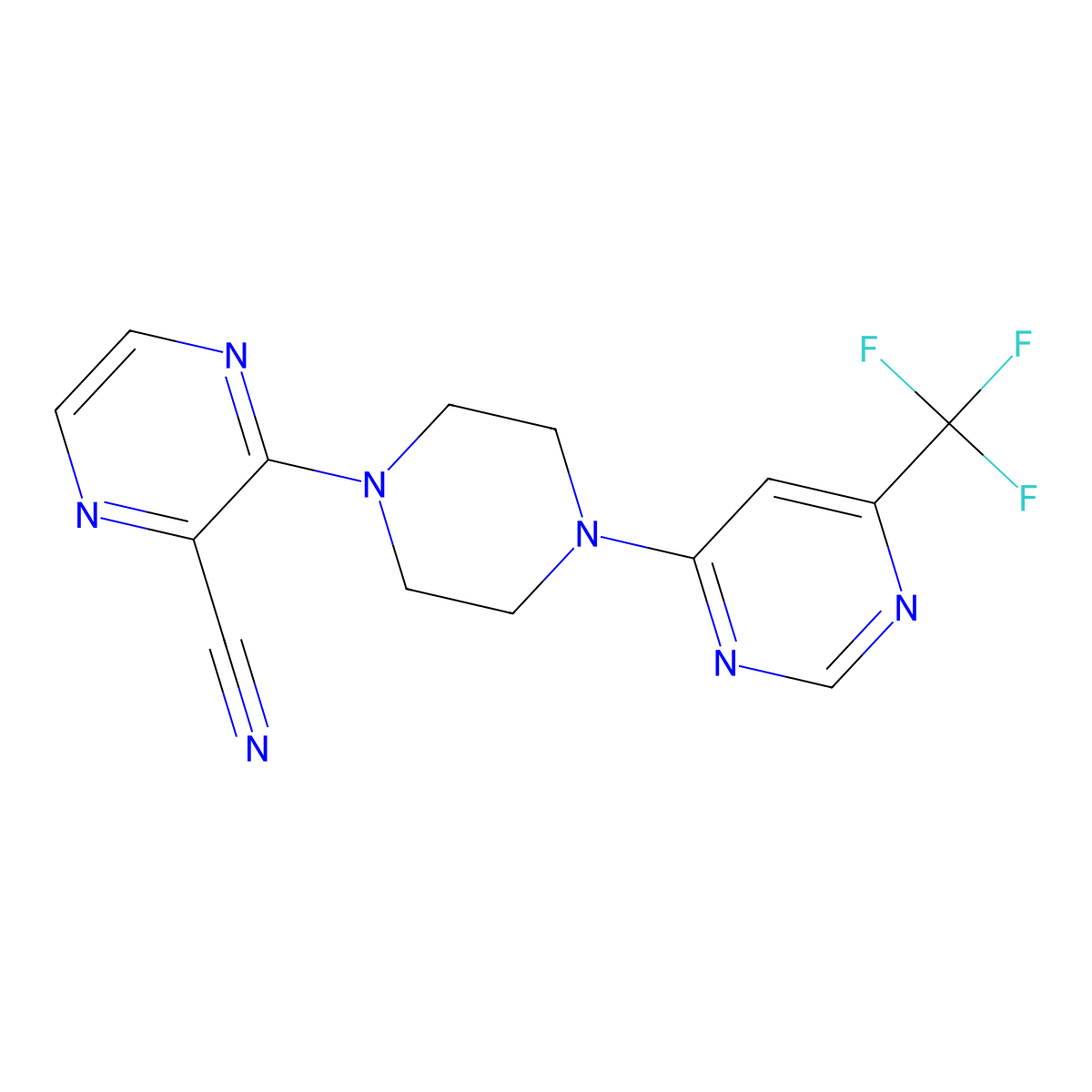 3-(4-(6-(Trifluoromethyl)pyrimidin-4-yl)piperazin-1-yl)pyrazine-2-carbonitrile molecular structure, CAS 2034538-09-3