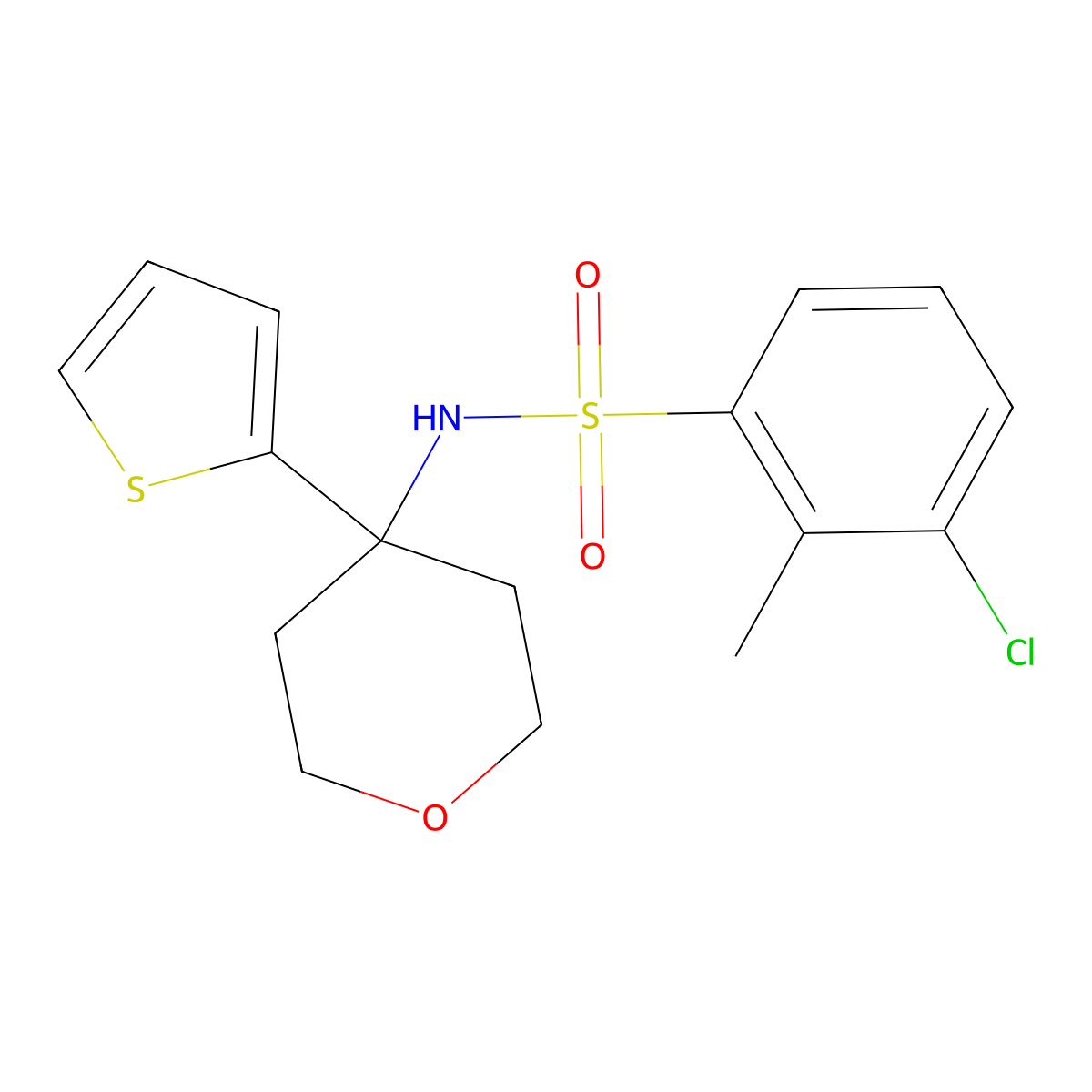 3-chloro-2-methyl-N-(4-(thiophen-2-yl)tetrahydro-2H-pyran-4-yl)benzenesulfonamide molecular structure, CAS 2034538-12-8