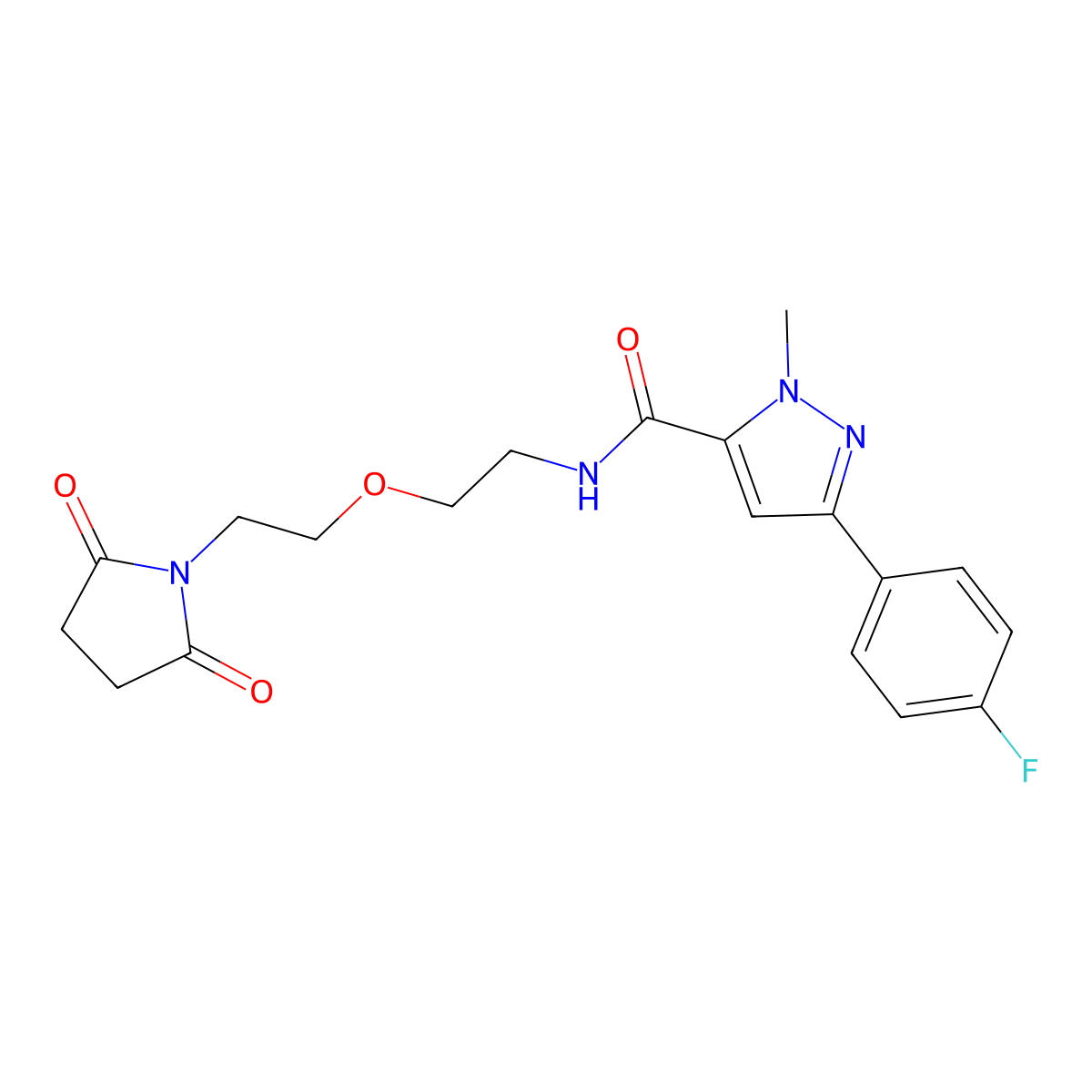 N-(2-(2-(2,5-dioxopyrrolidin-1-yl)ethoxy)ethyl)-3-(4-fluorophenyl)-1-methyl-1H-pyrazole-5-carboxamide molecular structure, CAS 2034538-15-1