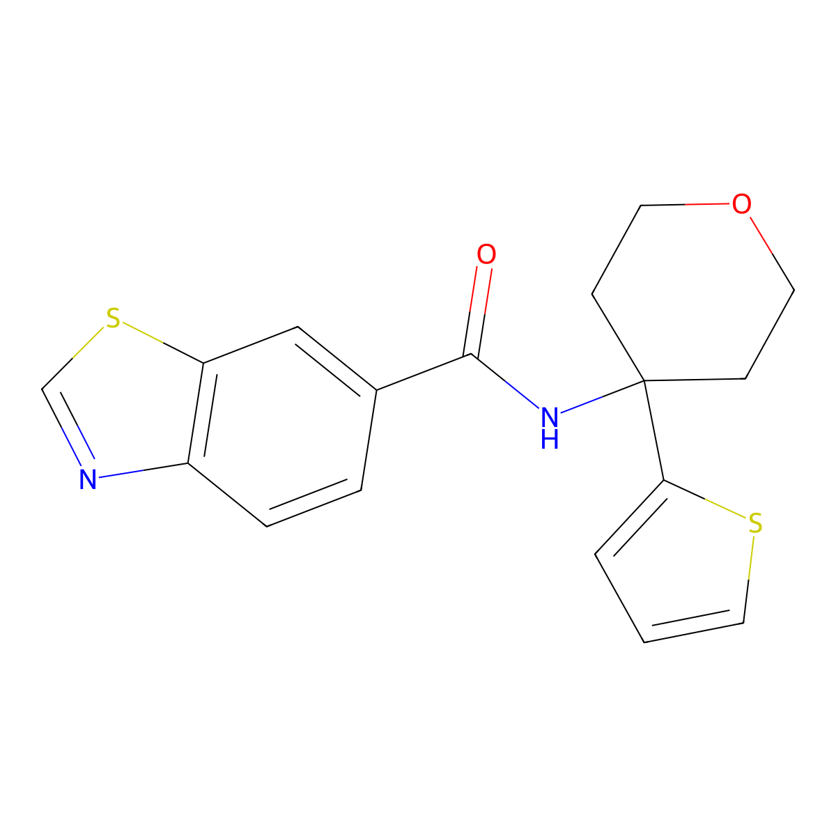N-[4-(thiophen-2-yl)oxan-4-yl]-1,3-benzothiazole-6-carboxamide molecular structure, CAS 2034538-28-6