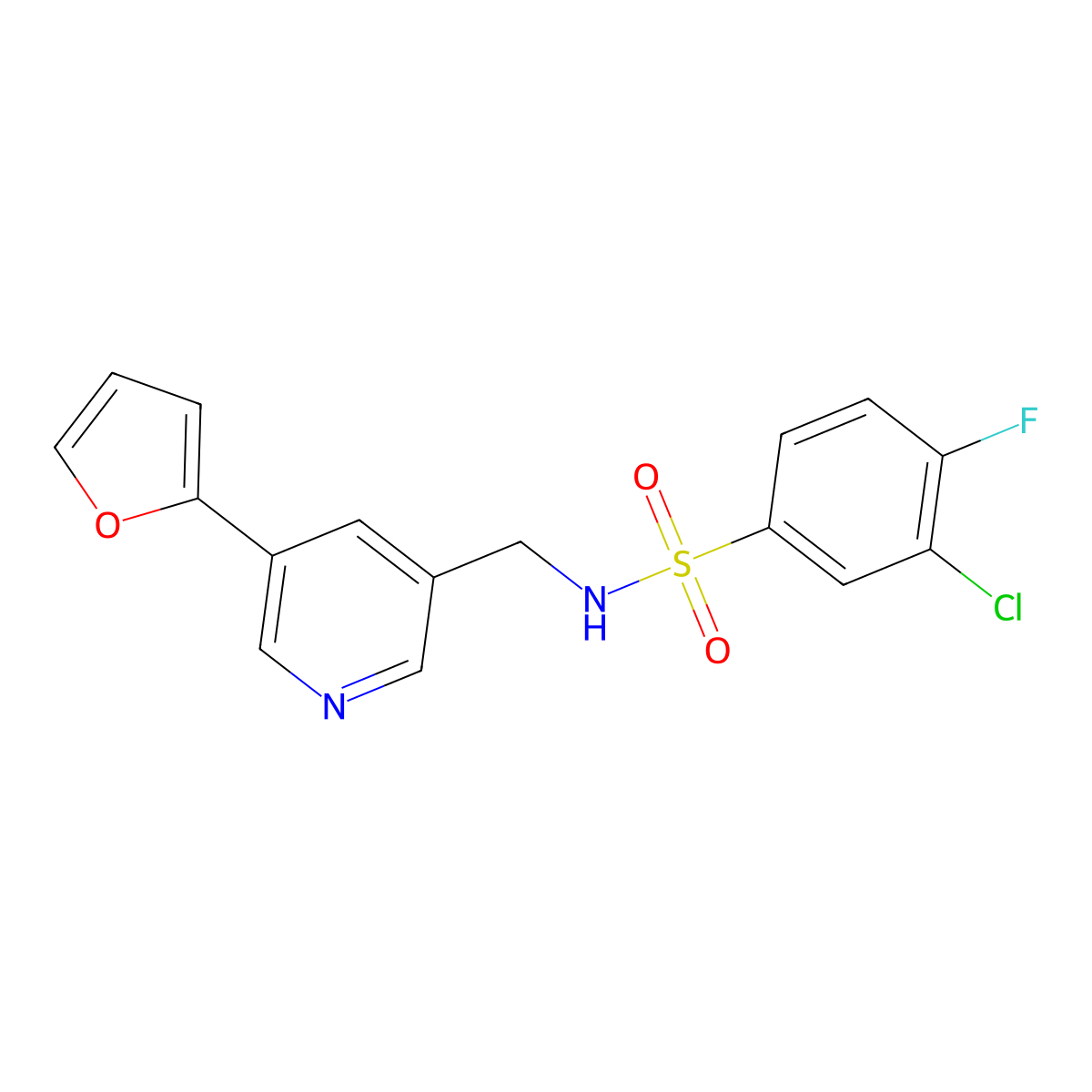 3-chloro-4-fluoro-N-((5-(furan-2-yl)pyridin-3-yl)methyl)benzenesulfonamide molecular structure, CAS 2034538-34-4