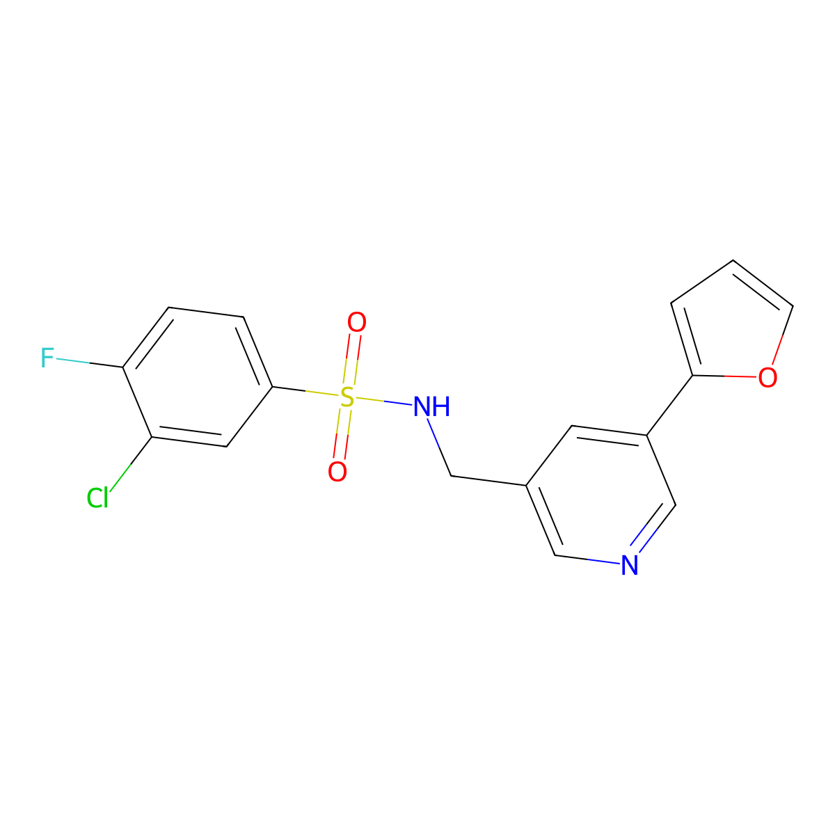 3-chloro-4-fluoro-N-((5-(furan-2-yl)pyridin-3-yl)methyl)benzenesulfonamide molecular structure, CAS 2034538-34-4