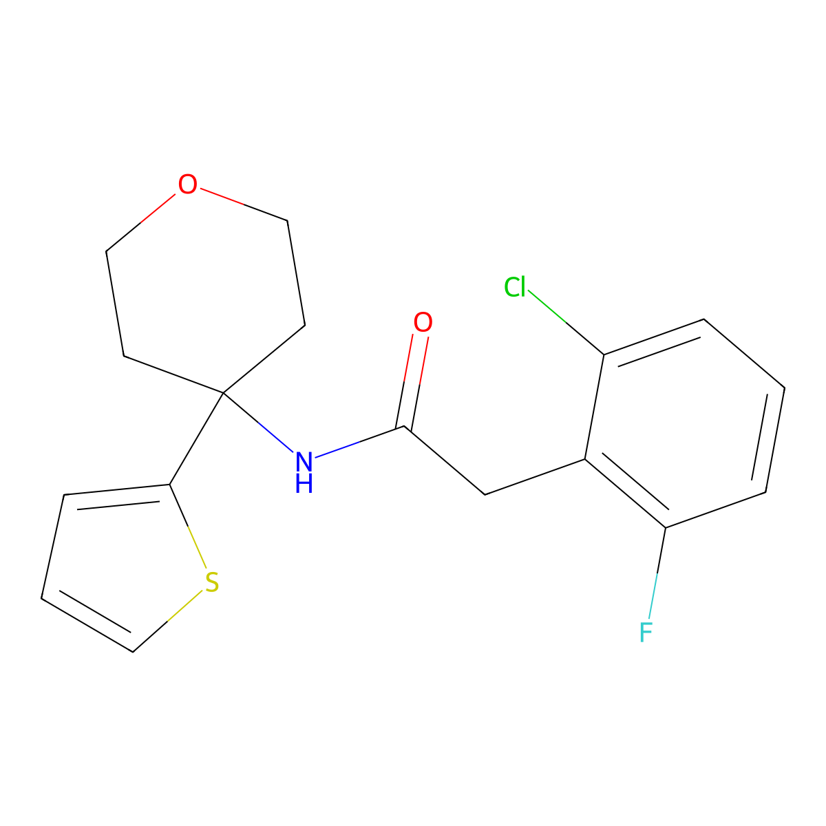 2-(2-chloro-6-fluorophenyl)-N-(4-(thiophen-2-yl)tetrahydro-2H-pyran-4-yl)acetamide molecular structure, CAS 2034538-37-7