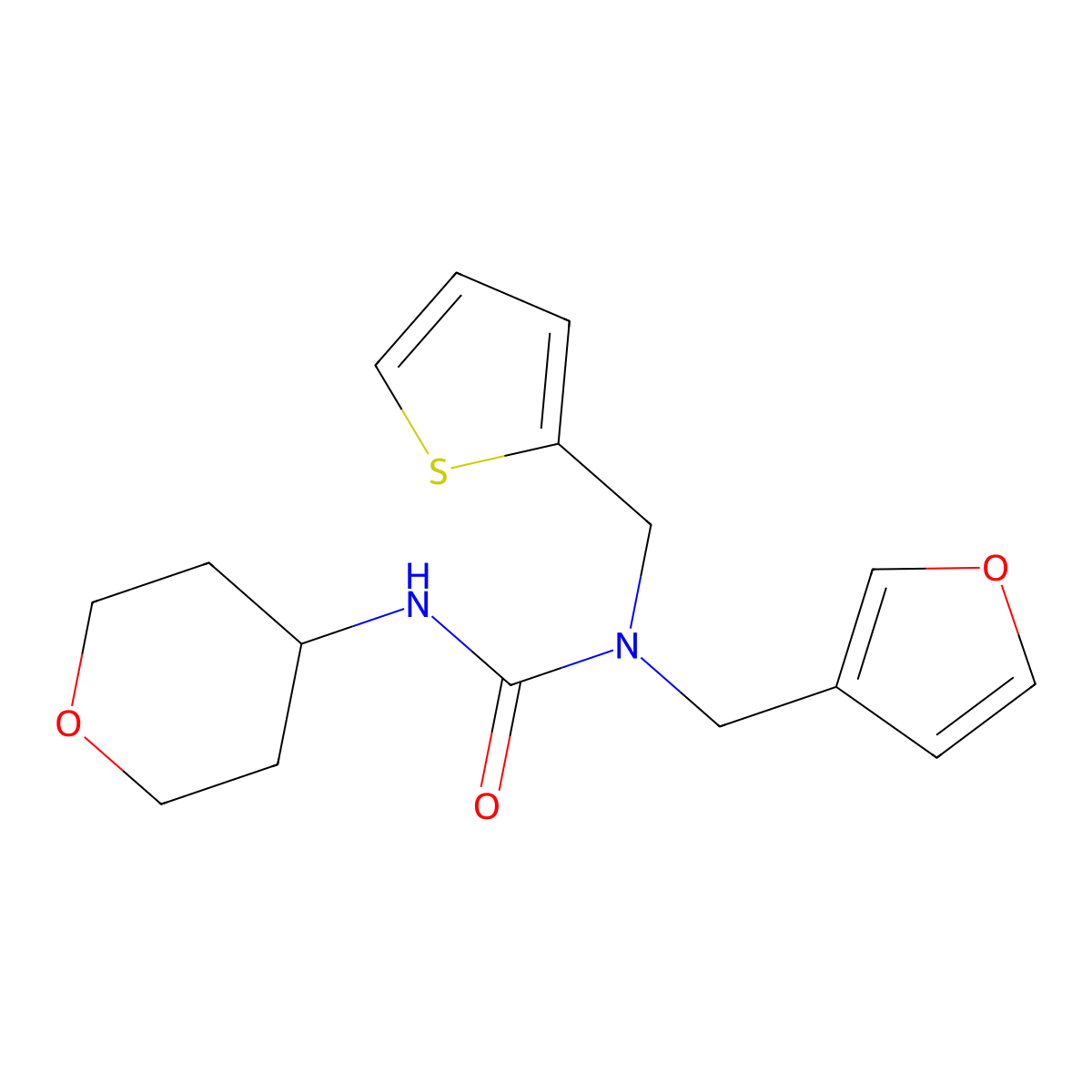 1-(furan-3-ylmethyl)-3-(tetrahydro-2H-pyran-4-yl)-1-(thiophen-2-ylmethyl)urea molecular structure, CAS 2034538-48-0