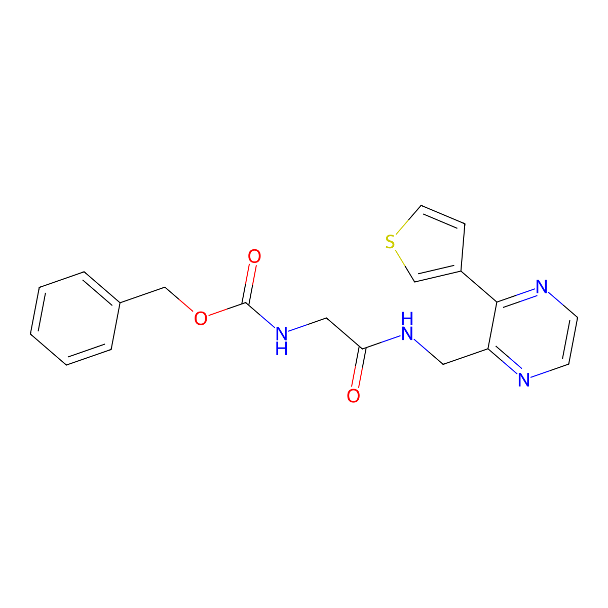 Benzyl (2-oxo-2-(((3-(thiophen-3-yl)pyrazin-2-yl)methyl)amino)ethyl)carbamate molecular structure, CAS 2034538-49-1