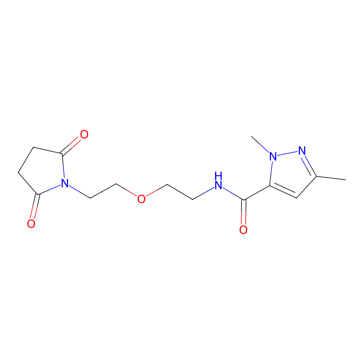 N-(2-(2-(2,5-dioxopyrrolidin-1-yl)ethoxy)ethyl)-1,3-dimethyl-1H-pyrazole-5-carboxamide molecular structure, CAS 2034538-52-6