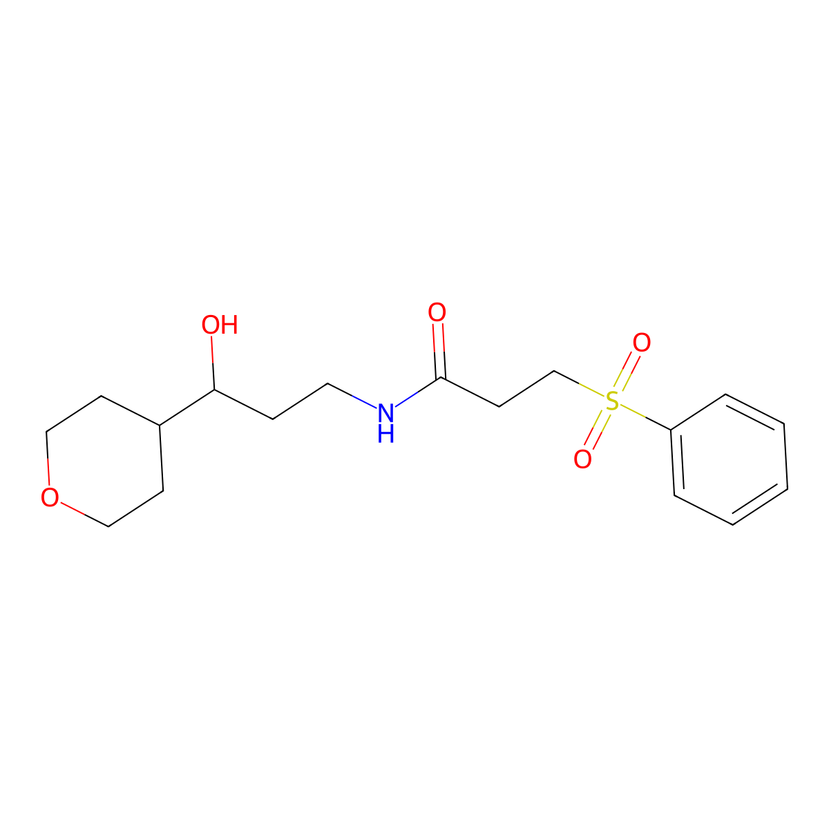 N-(3-hydroxy-3-(tetrahydro-2H-pyran-4-yl)propyl)-3-(phenylsulfonyl)propanamide molecular structure, CAS 2034538-56-0
