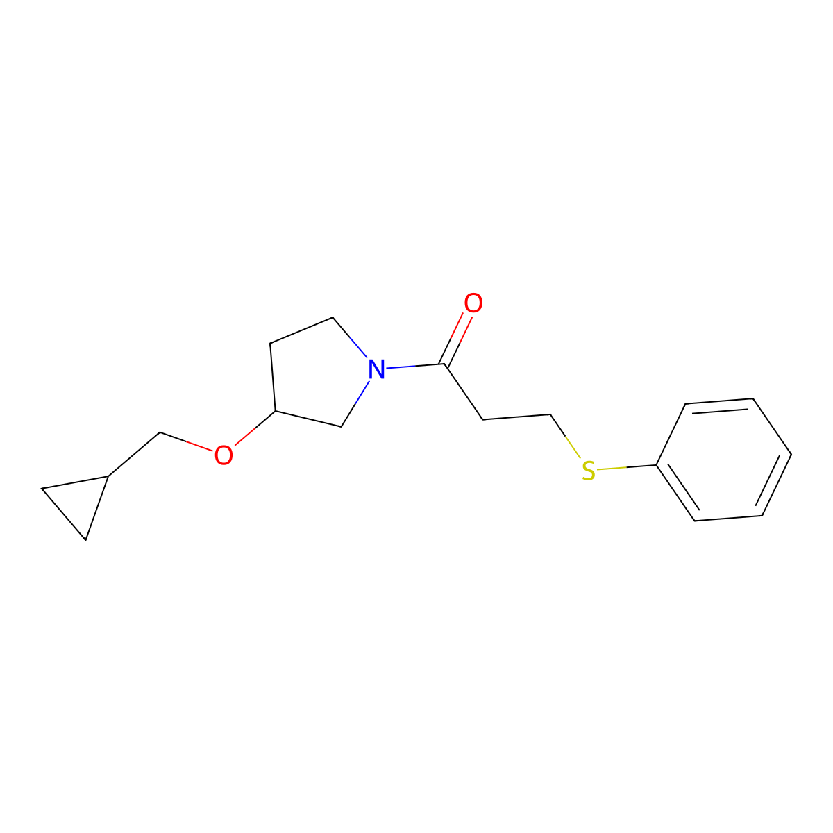 1-(3-(Cyclopropylmethoxy)pyrrolidin-1-yl)-3-(phenylthio)propan-1-one molecular structure, CAS 2034538-59-3