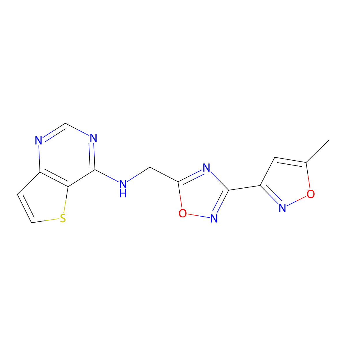 N-((3-(5-methylisoxazol-3-yl)-1,2,4-oxadiazol-5-yl)methyl)thieno[3,2-d]pyrimidin-4-amine molecular structure, CAS 2034538-64-0