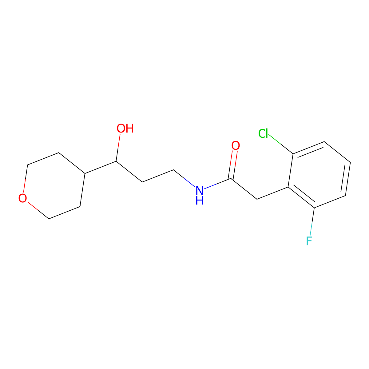 2-(2-chloro-6-fluorophenyl)-N-(3-hydroxy-3-(tetrahydro-2H-pyran-4-yl)propyl)acetamide molecular structure, CAS 2034538-70-8