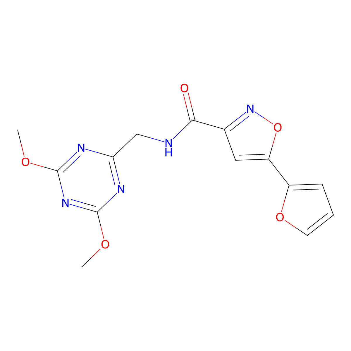N-((4,6-dimethoxy-1,3,5-triazin-2-yl)methyl)-5-(furan-2-yl)isoxazole-3-carboxamide molecular structure, CAS 2034538-86-6