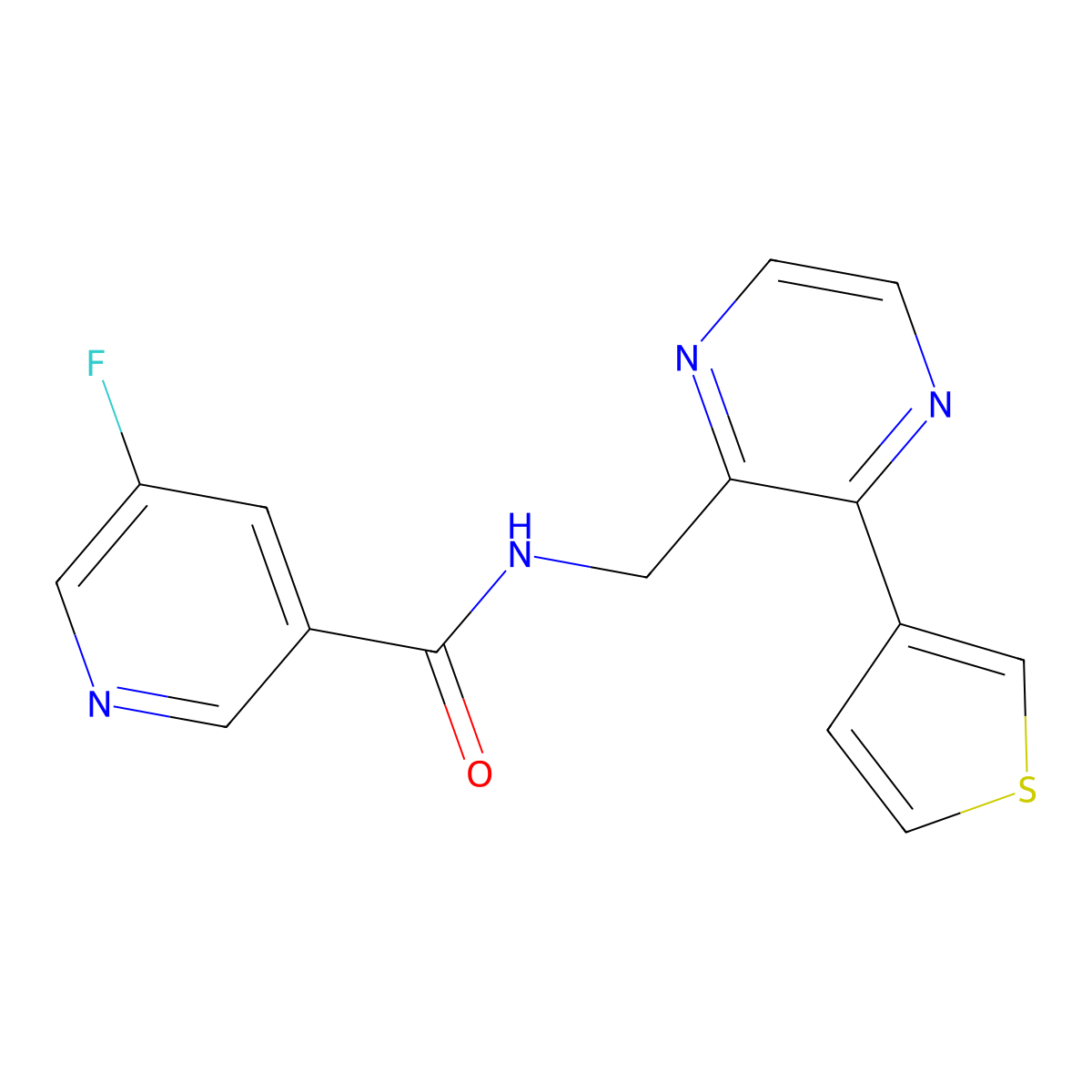 5-fluoro-N-((3-(thiophen-3-yl)pyrazin-2-yl)methyl)nicotinamide molecular structure, CAS 2034538-88-8