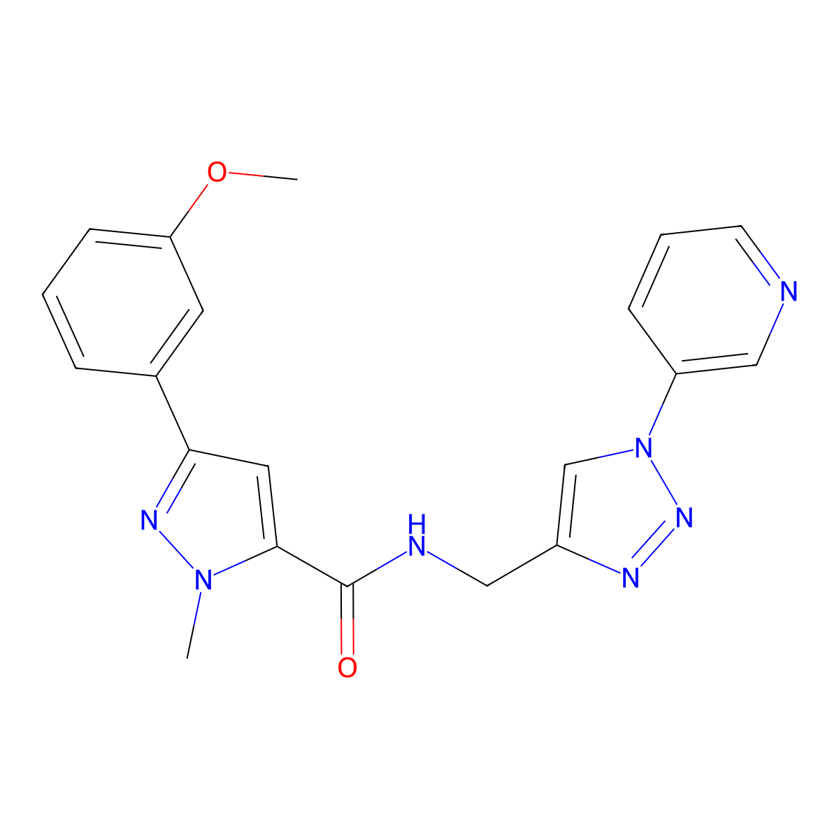 3-(3-methoxyphenyl)-1-methyl-N-((1-(pyridin-3-yl)-1H-1,2,3-triazol-4-yl)methyl)-1H-pyrazole-5-carboxamide molecular structure, CAS 2034539-00-7