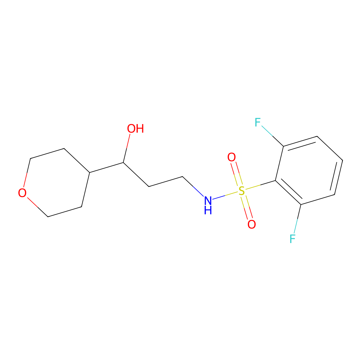 2,6-difluoro-N-(3-hydroxy-3-(tetrahydro-2H-pyran-4-yl)propyl)benzenesulfonamide molecular structure, CAS 2034539-03-0