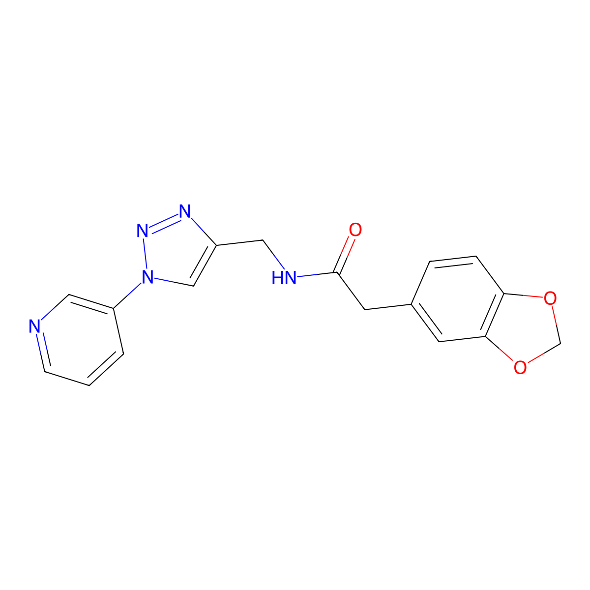 2-(benzo[d][1,3]dioxol-5-yl)-N-((1-(pyridin-3-yl)-1H-1,2,3-triazol-4-yl)methyl)acetamide molecular structure, CAS 2034539-05-2