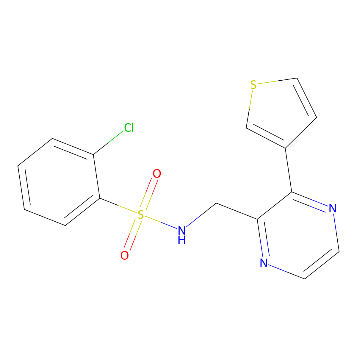2-chloro-N-((3-(thiophen-3-yl)pyrazin-2-yl)methyl)benzenesulfonamide molecular structure, CAS 2034539-12-1