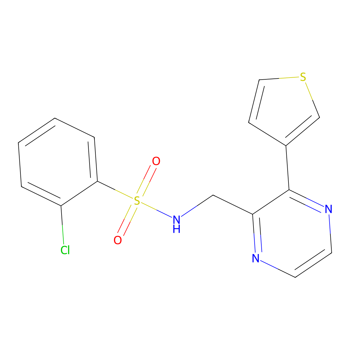 2-chloro-N-((3-(thiophen-3-yl)pyrazin-2-yl)methyl)benzenesulfonamide molecular structure, CAS 2034539-12-1