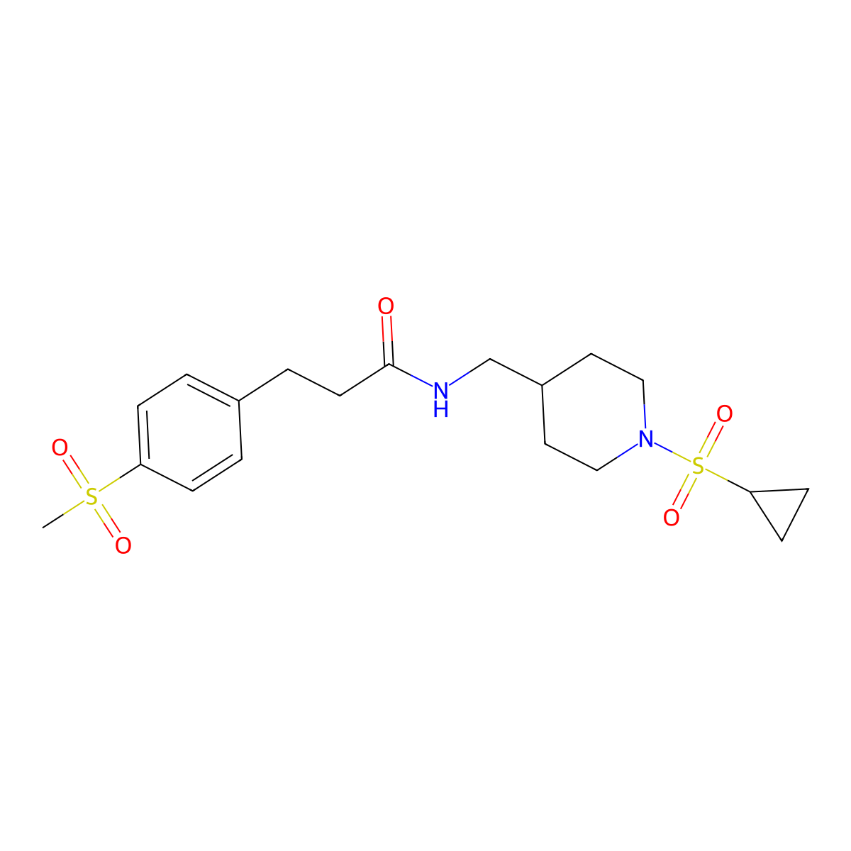 N-((1-(cyclopropylsulfonyl)piperidin-4-yl)methyl)-3-(4-(methylsulfonyl)phenyl)propanamide molecular structure, CAS 2034539-15-4