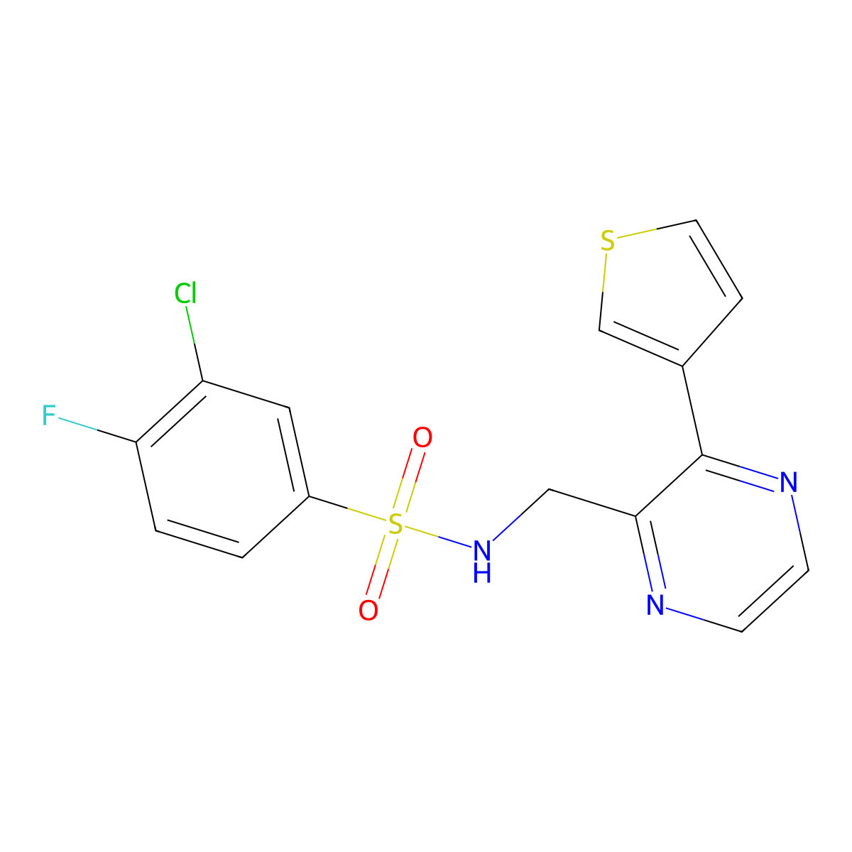 3-chloro-4-fluoro-N-((3-(thiophen-3-yl)pyrazin-2-yl)methyl)benzenesulfonamide molecular structure, CAS 2034539-20-1