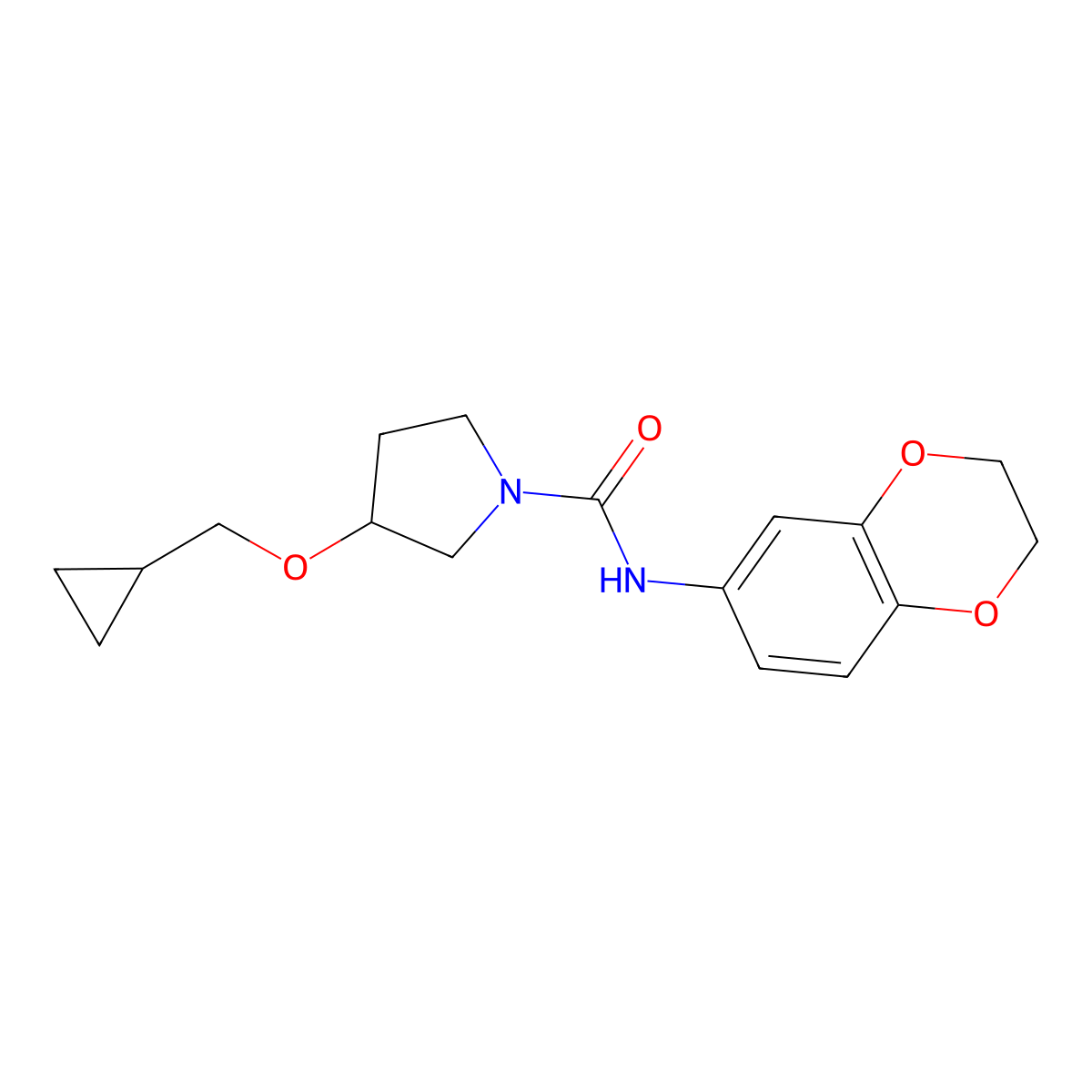 3-(cyclopropylmethoxy)-N-(2,3-dihydro-1,4-benzodioxin-6-yl)pyrrolidine-1-carboxamide molecular structure, CAS 2034539-36-9