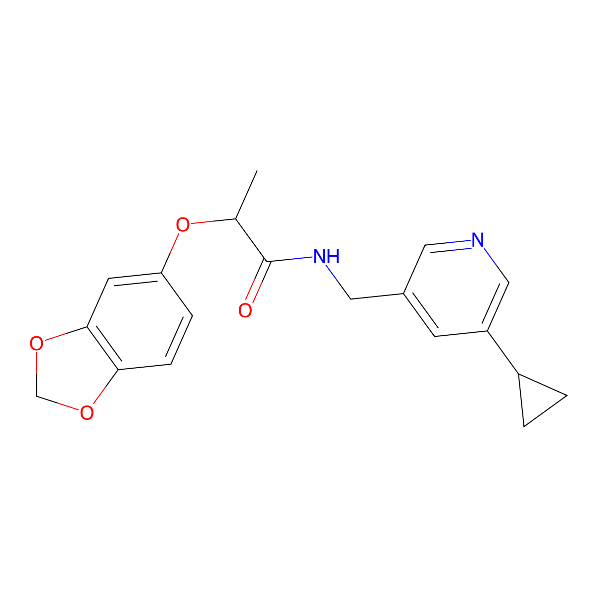 2-(benzo[d][1,3]dioxol-5-yloxy)-N-((5-cyclopropylpyridin-3-yl)methyl)propanamide molecular structure, CAS 2034539-37-0