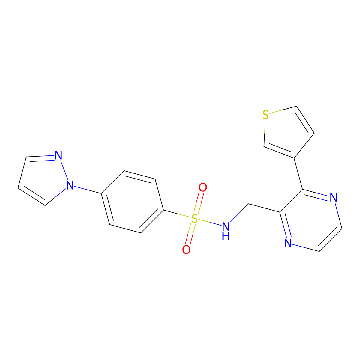 4-(1H-pyrazol-1-yl)-N-((3-(thiophen-3-yl)pyrazin-2-yl)methyl)benzenesulfonamide molecular structure, CAS 2034539-42-7