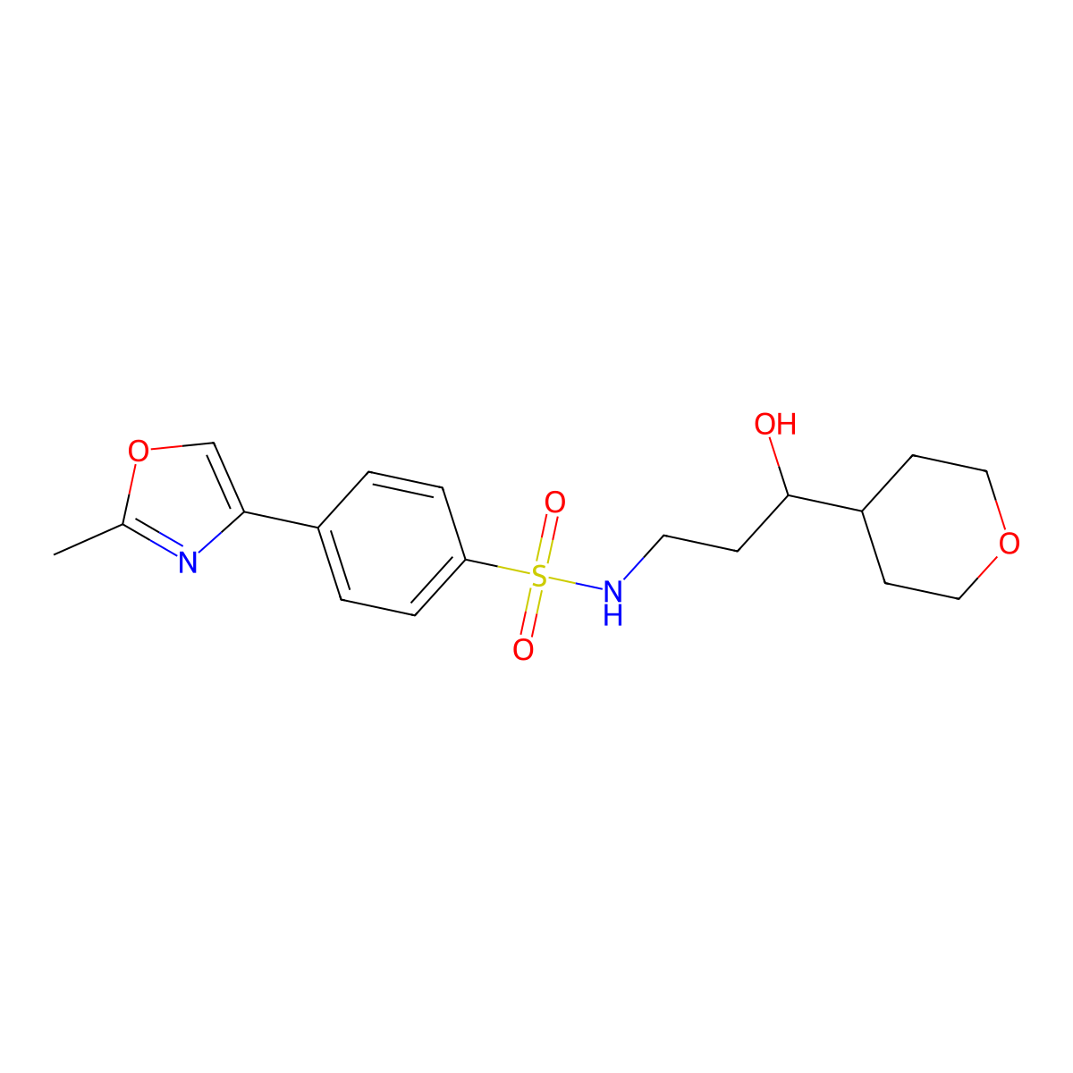 N-(3-hydroxy-3-(tetrahydro-2H-pyran-4-yl)propyl)-4-(2-methyloxazol-4-yl)benzenesulfonamide molecular structure, CAS 2034539-57-4