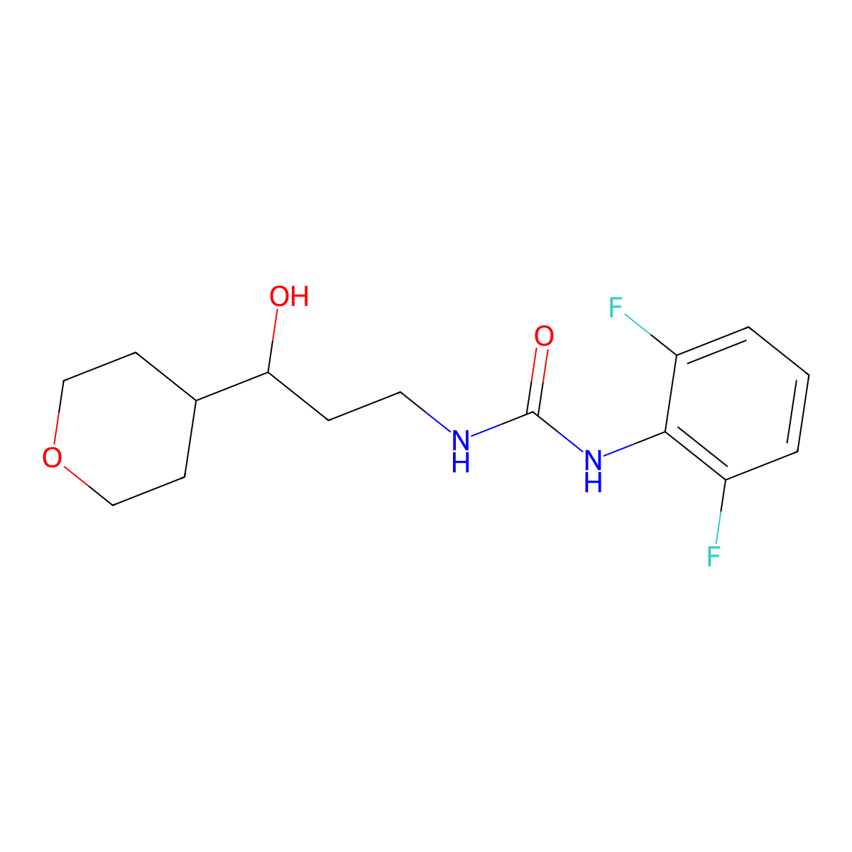1-(2,6-difluorophenyl)-3-(3-hydroxy-3-(tetrahydro-2H-pyran-4-yl)propyl)urea molecular structure, CAS 2034539-71-2
