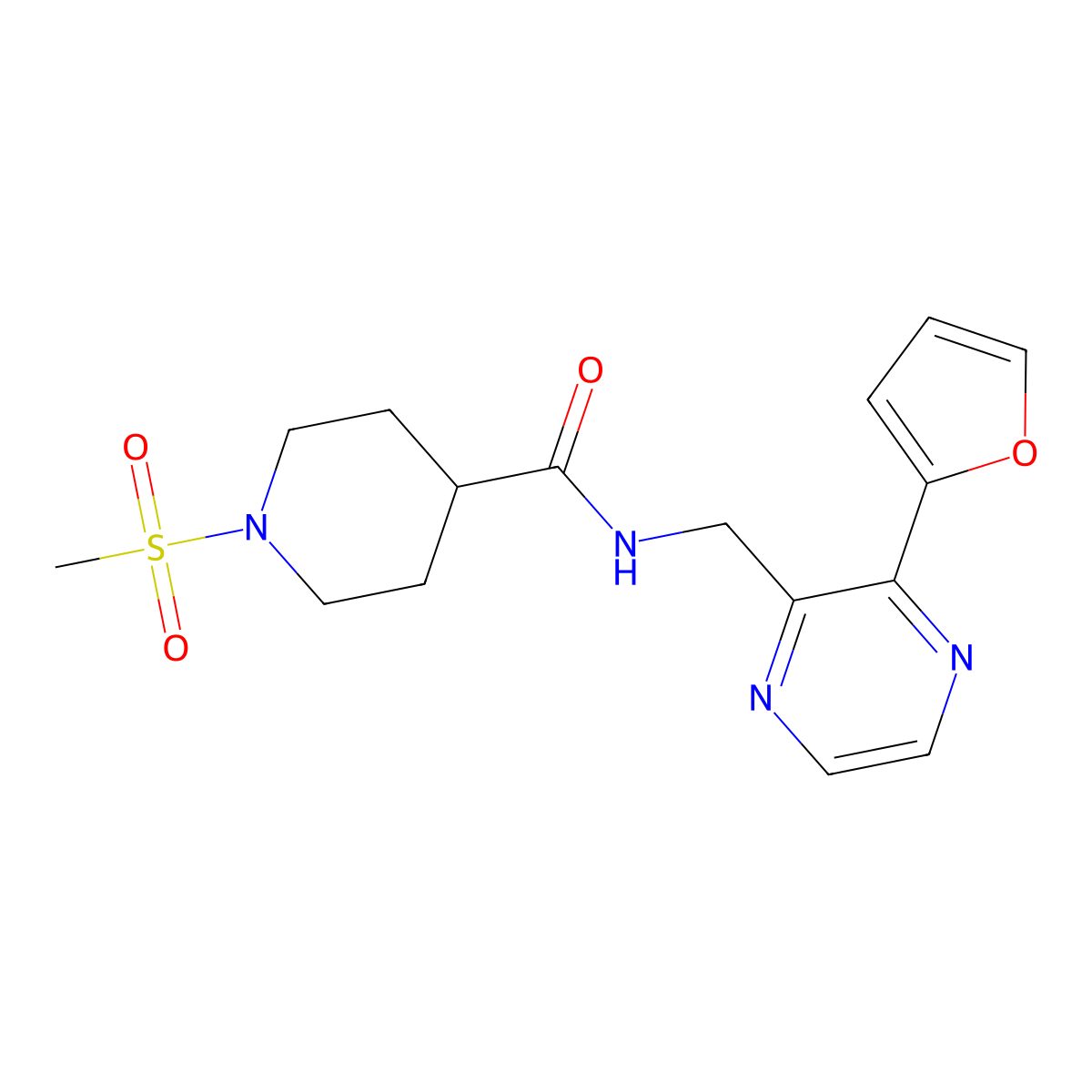 N-((3-(furan-2-yl)pyrazin-2-yl)methyl)-1-(methylsulfonyl)piperidine-4-carboxamide molecular structure, CAS 2034540-00-4