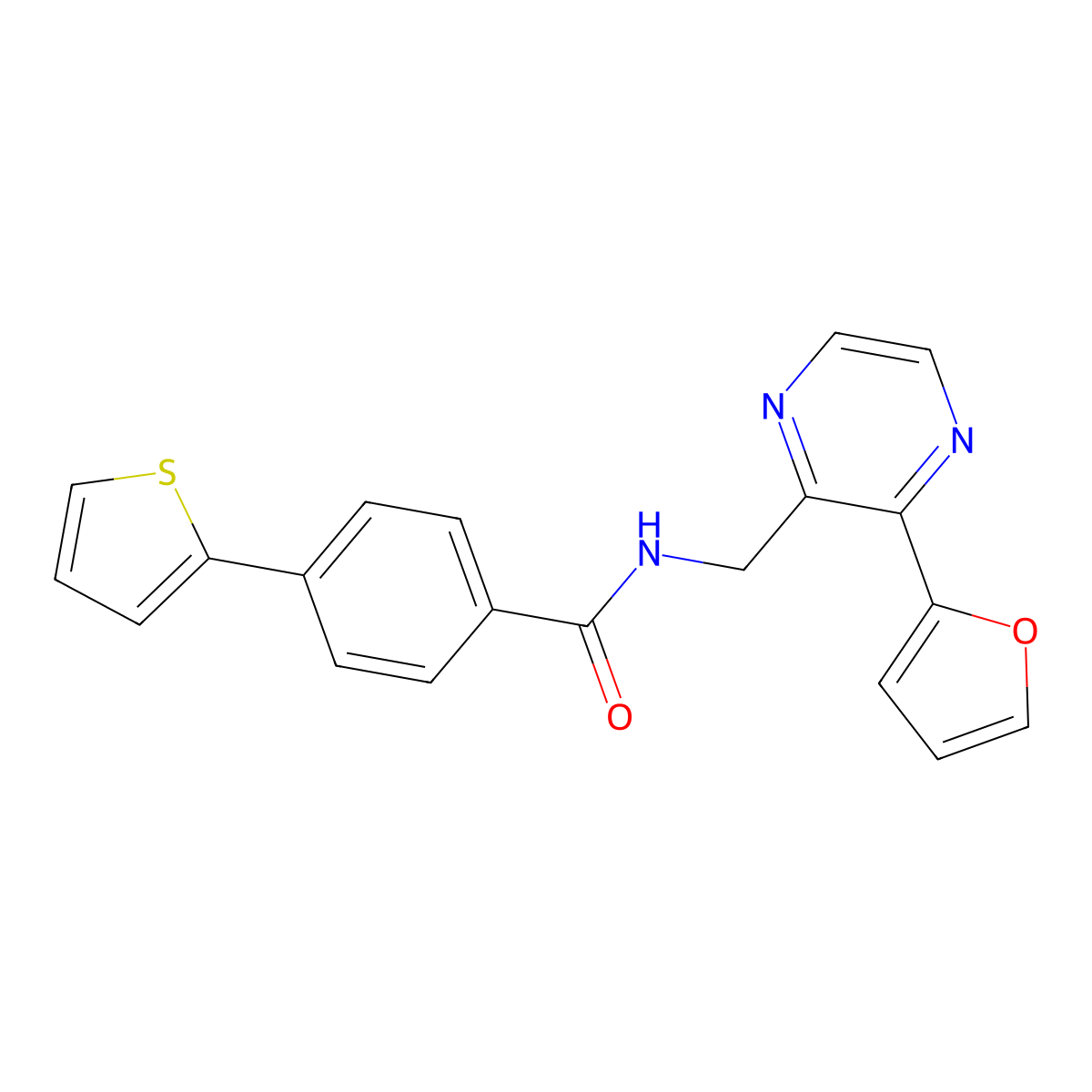 N-{[3-(furan-2-yl)pyrazin-2-yl]methyl}-4-(thiophen-2-yl)benzamide molecular structure, CAS 2034540-07-1