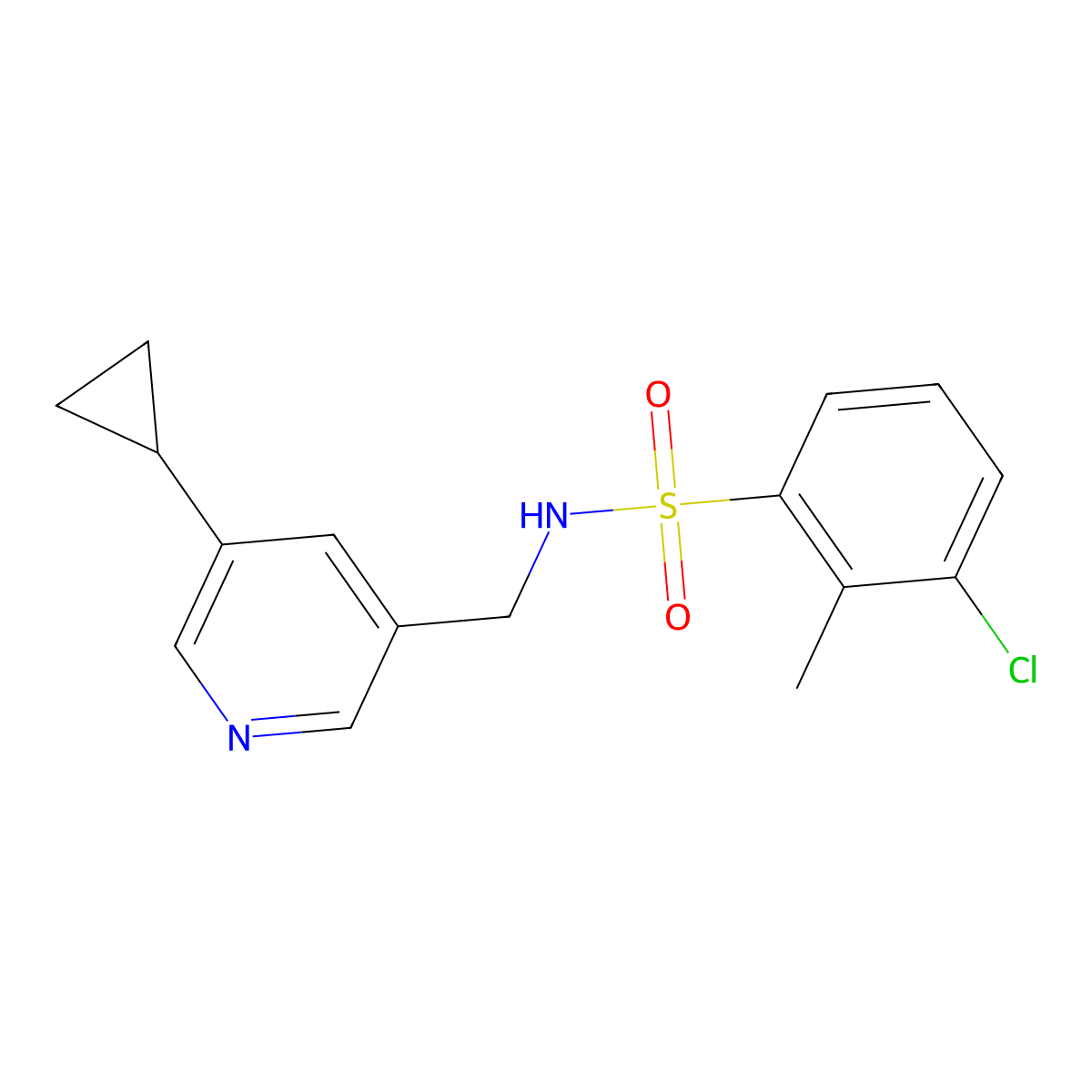3-chloro-N-((5-cyclopropylpyridin-3-yl)methyl)-2-methylbenzenesulfonamide molecular structure, CAS 2034540-14-0