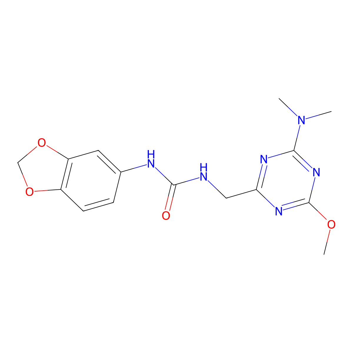 1-(Benzo[d][1,3]dioxol-5-yl)-3-((4-(dimethylamino)-6-methoxy-1,3,5-triazin-2-yl)methyl)urea molecular structure, CAS 2034540-23-1