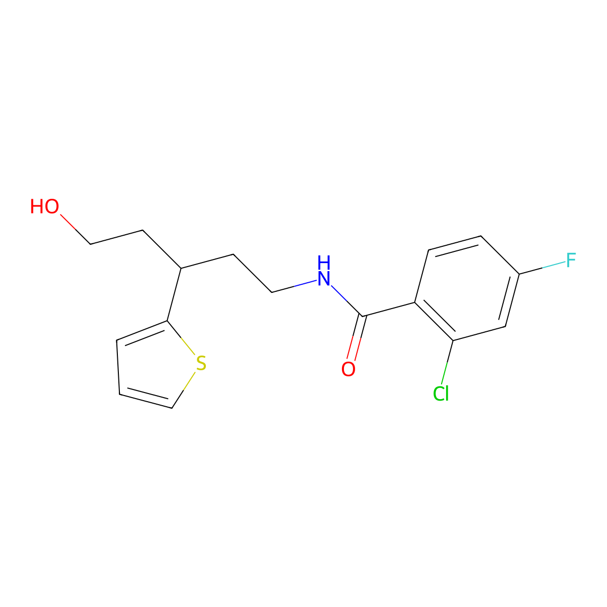 2-chloro-4-fluoro-N-[5-hydroxy-3-(thiophen-2-yl)pentyl]benzamide molecular structure, CAS 2034540-40-2
