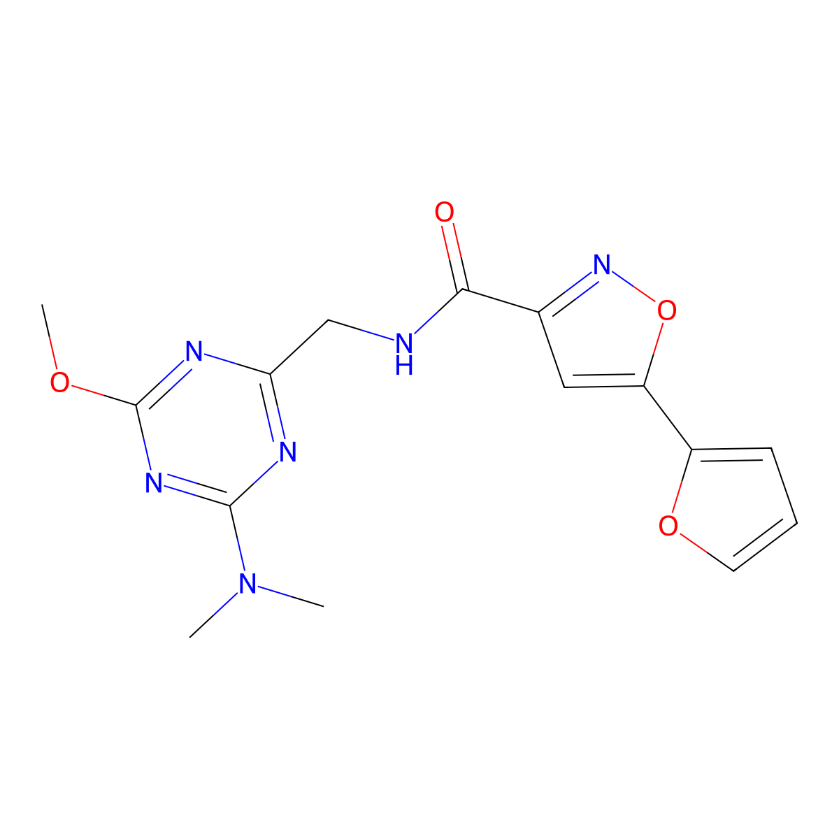 N-((4-(dimethylamino)-6-methoxy-1,3,5-triazin-2-yl)methyl)-5-(furan-2-yl)isoxazole-3-carboxamide molecular structure, CAS 2034540-42-4