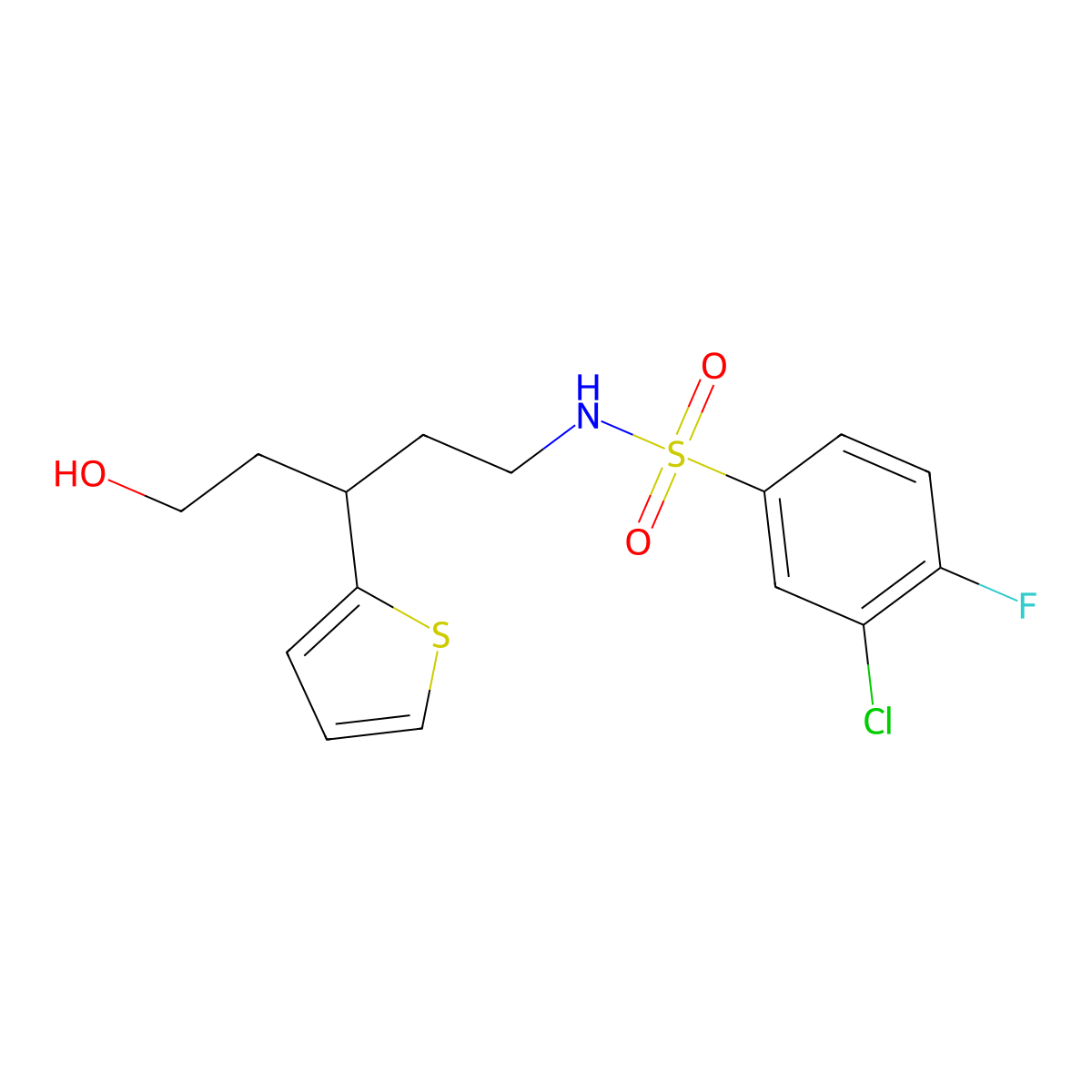 3-chloro-4-fluoro-N-(5-hydroxy-3-(thiophen-2-yl)pentyl)benzenesulfonamide molecular structure, CAS 2034540-64-0