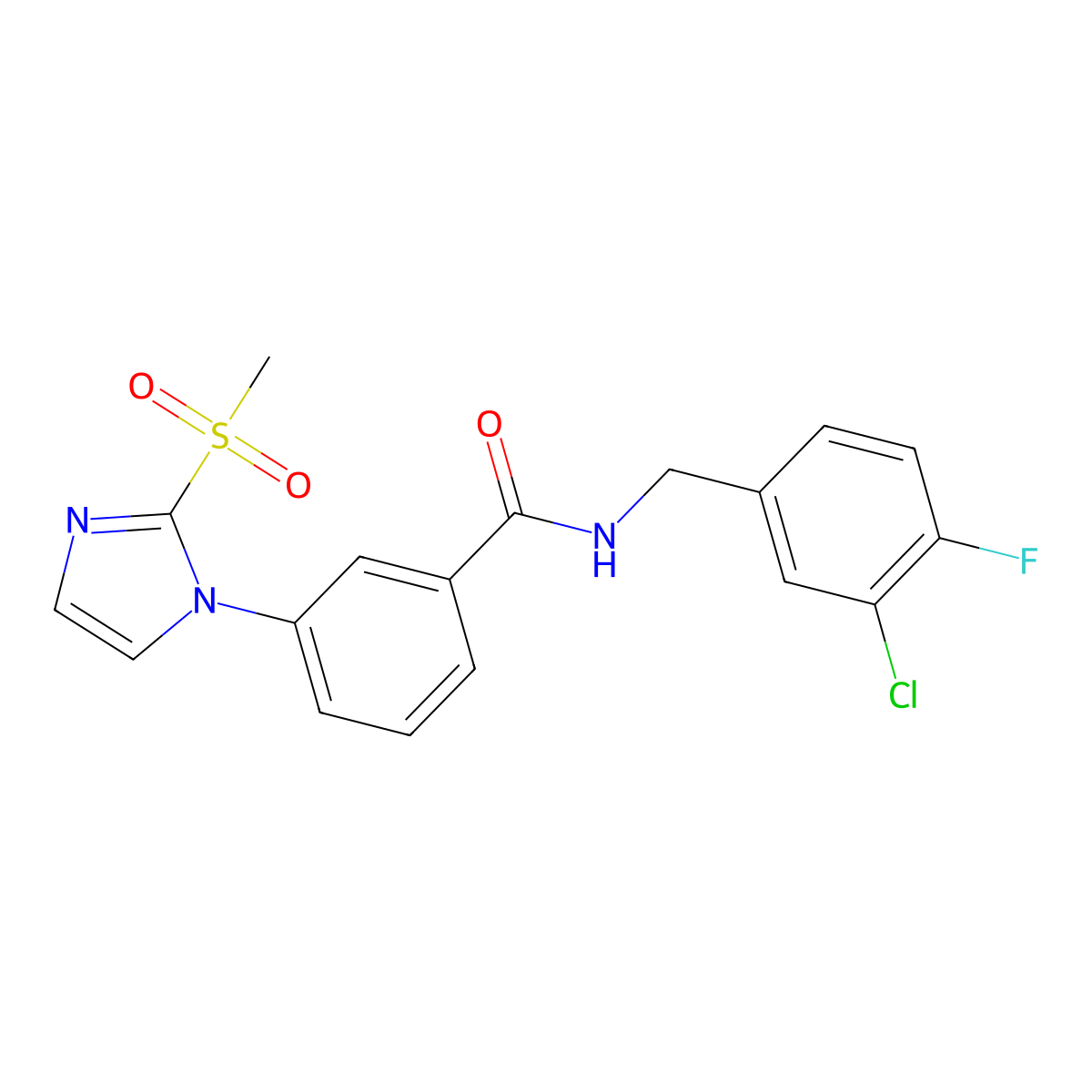N-(3-chloro-4-fluorobenzyl)-3-(2-(methylsulfonyl)-1H-imidazol-1-yl)benzamide molecular structure, CAS 2034540-66-2