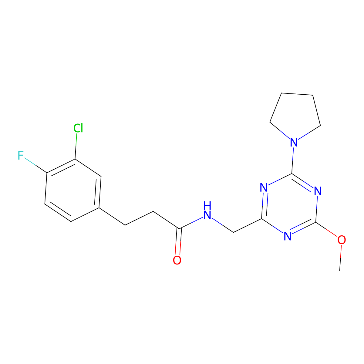 3-(3-chloro-4-fluorophenyl)-N-{[4-methoxy-6-(pyrrolidin-1-yl)-1,3,5-triazin-2-yl]methyl}propanamide molecular structure, CAS 2034540-67-3