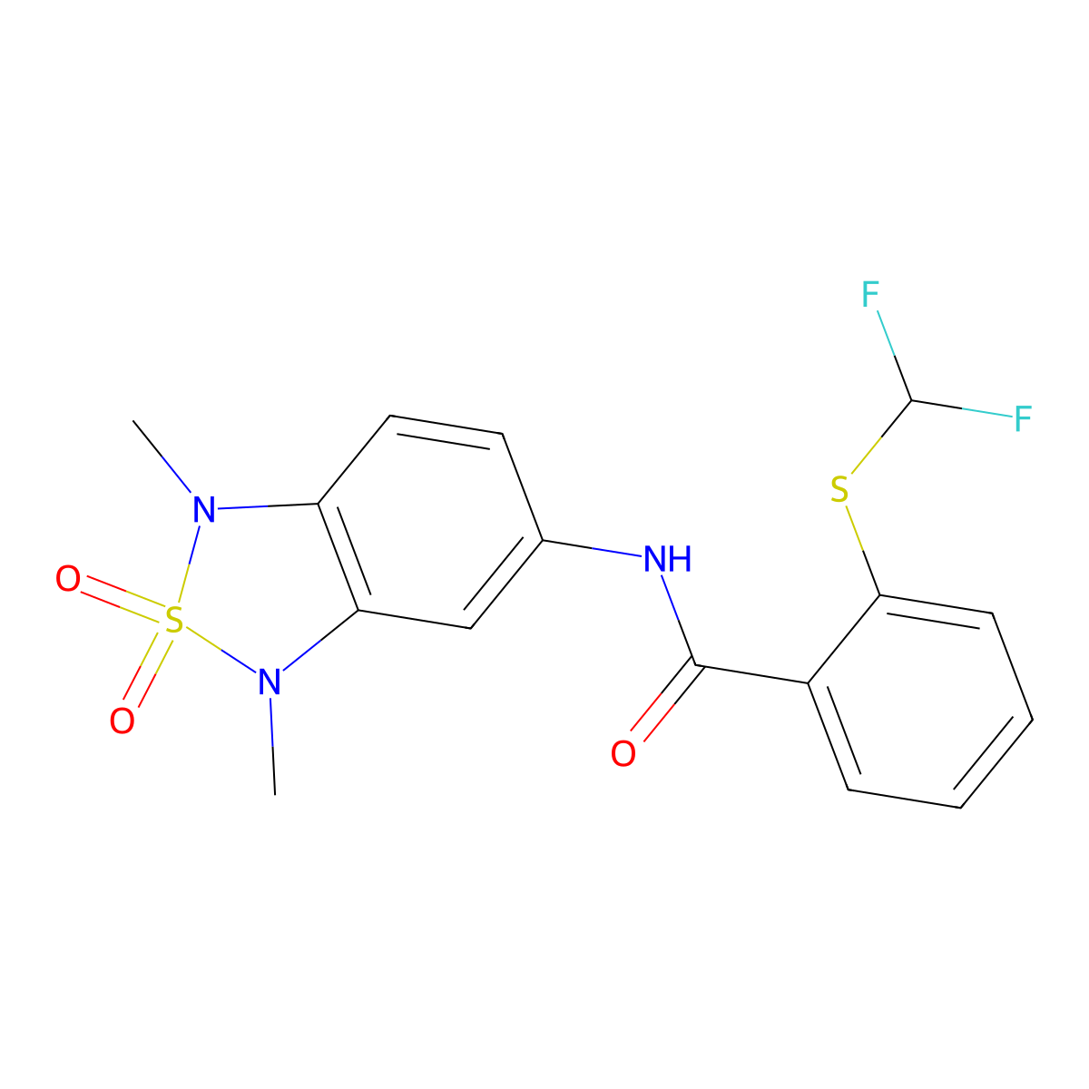 2-((difluoromethyl)thio)-N-(1,3-dimethyl-2,2-dioxido-1,3-dihydrobenzo[c][1,2,5]thiadiazol-5-yl)benzamide molecular structure, CAS 2034540-70-8
