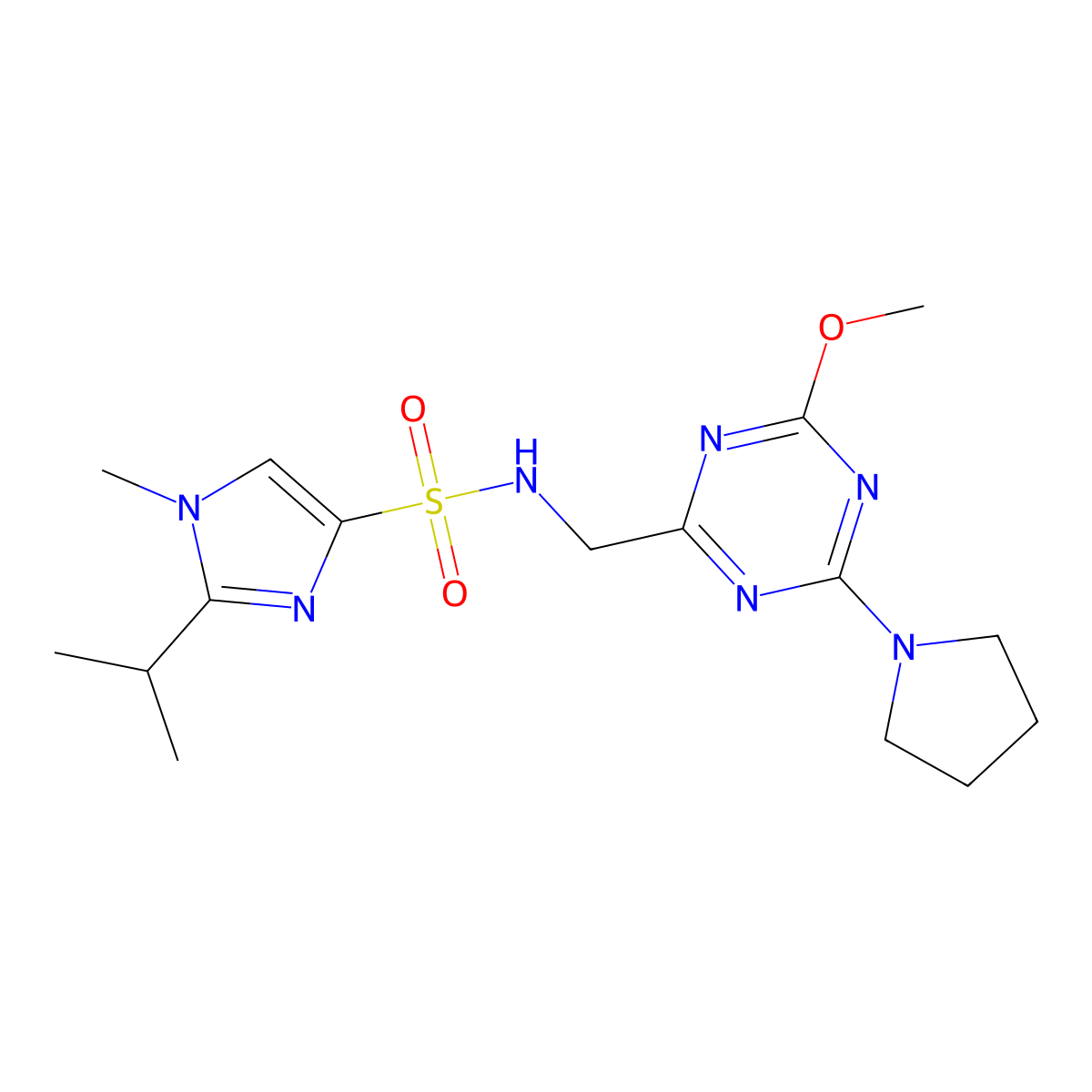 2-isopropyl-N-((4-methoxy-6-(pyrrolidin-1-yl)-1,3,5-triazin-2-yl)methyl)-1-methyl-1H-imidazole-4-sulfonamide molecular structure, CAS 2034540-74-2